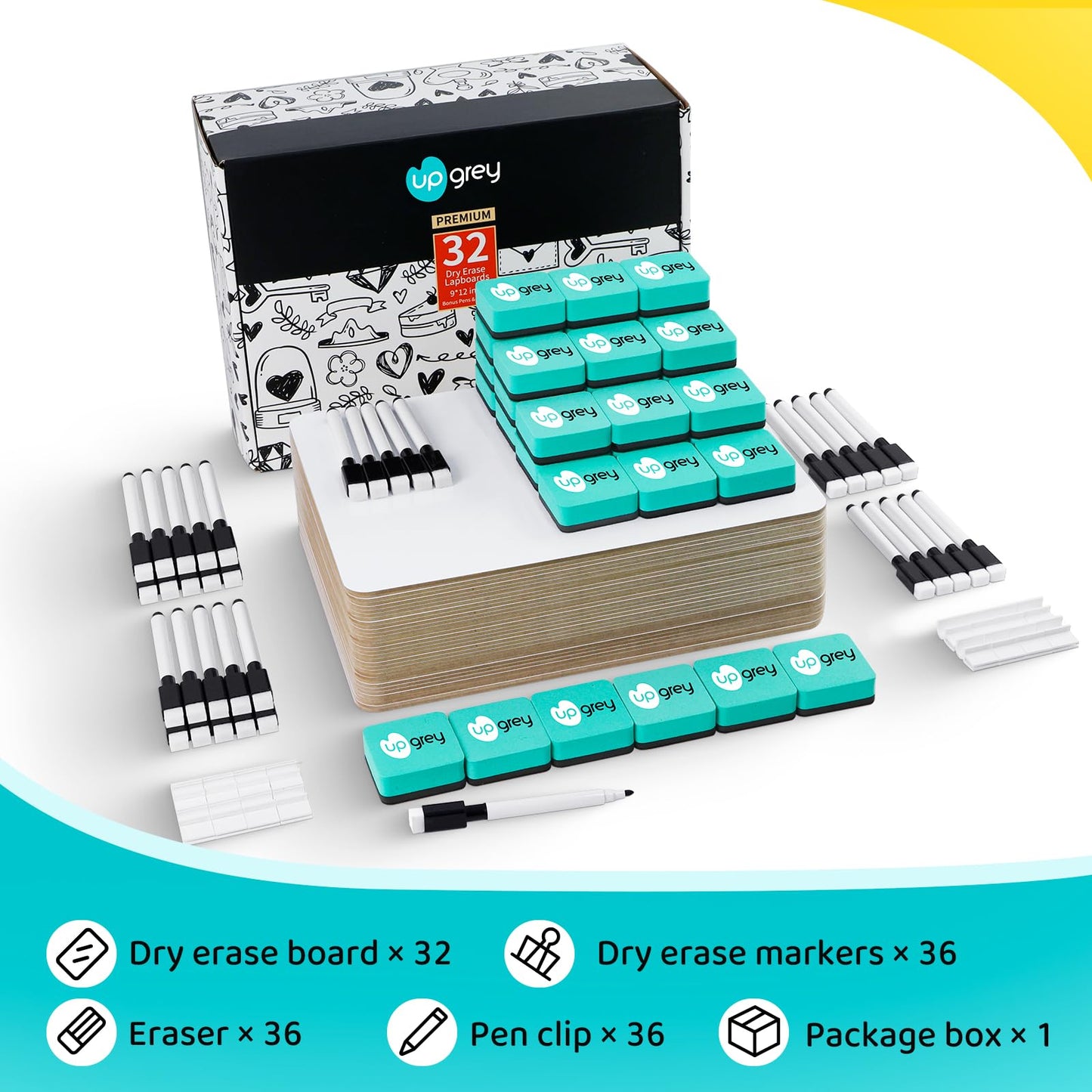 Dry Erase Lapboards 32 Pack, Double-Sided Small White Board for Classroom Student, 9"x12" Portable Dry Erase Board Bulk, Mini Whiteboard with 36 Pens, 36 Erasers & 36 Pen Holders, for Teacher Supplies