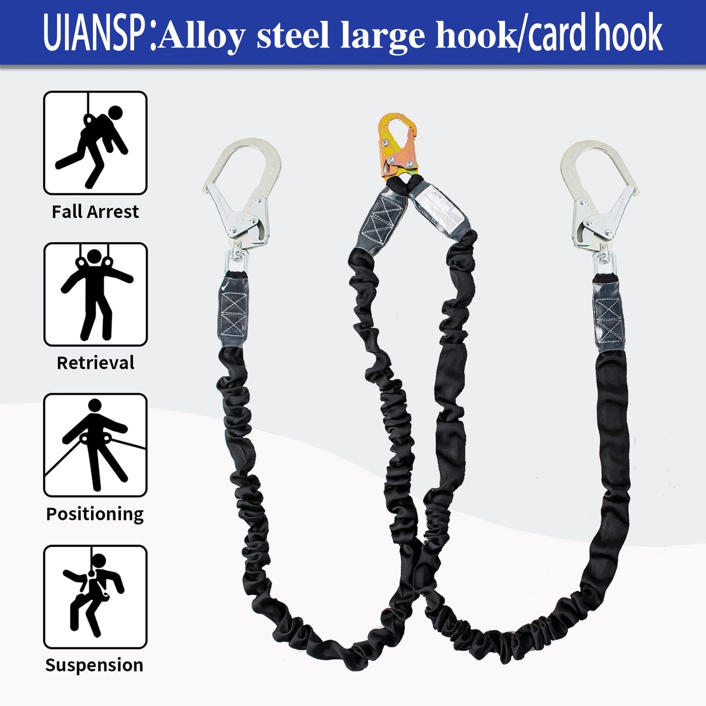 6ft Safety Harness Lanyard Double Leg Internal Shock Absorbing Safety Fall Protection Lanyard with Rope Harness Safety Lanyard Dual Rebar & Snap Hook Roofer Fall Protection Equipment（Alloy Steel）