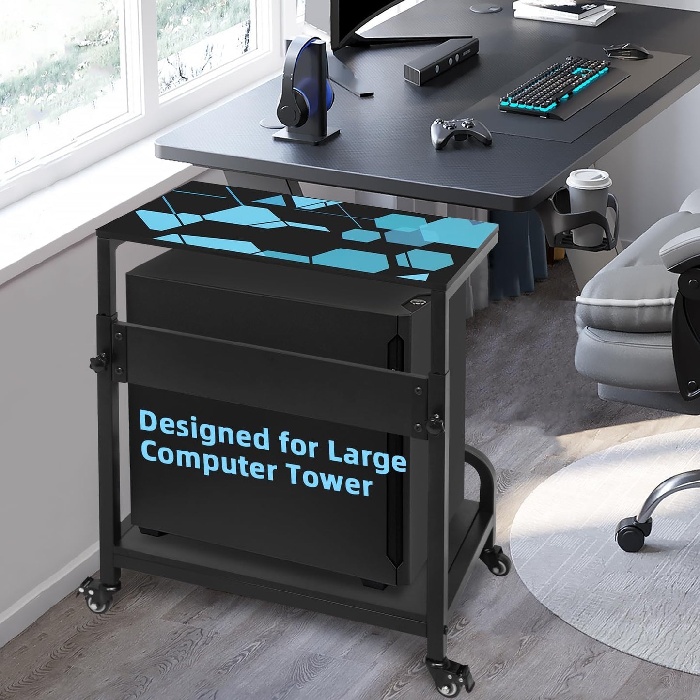 Adjustable Computer Tower Stand Large with Guardrail, 2 Tier Gaming PC Tower Stand for ATX, E-ATX, ITX, Rolling Floor Cart with Locking Metal Wheels, 32.7" X 21.6" X 15.8"
