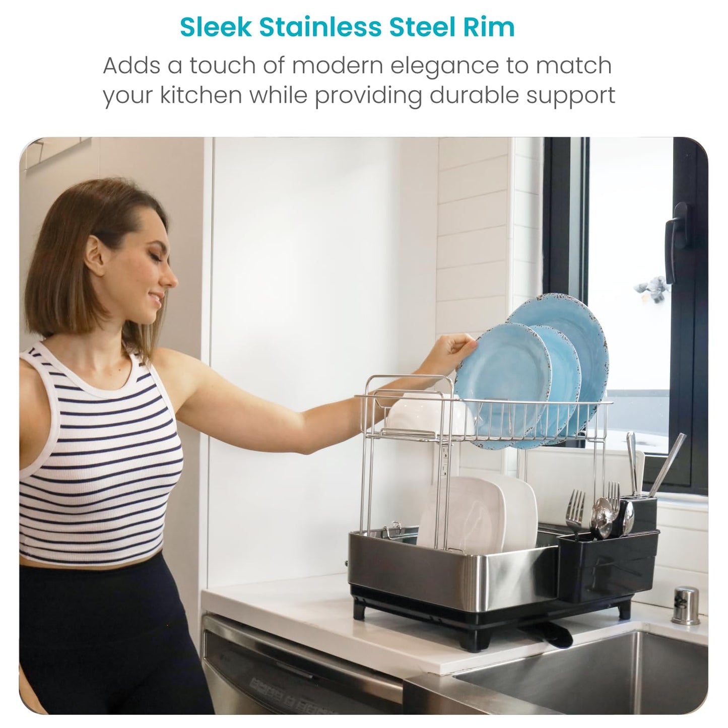Home Zone Living Large 2-Tier Stainless Steel Dish Drying Rack with Drain Pipe and Utensil Holders