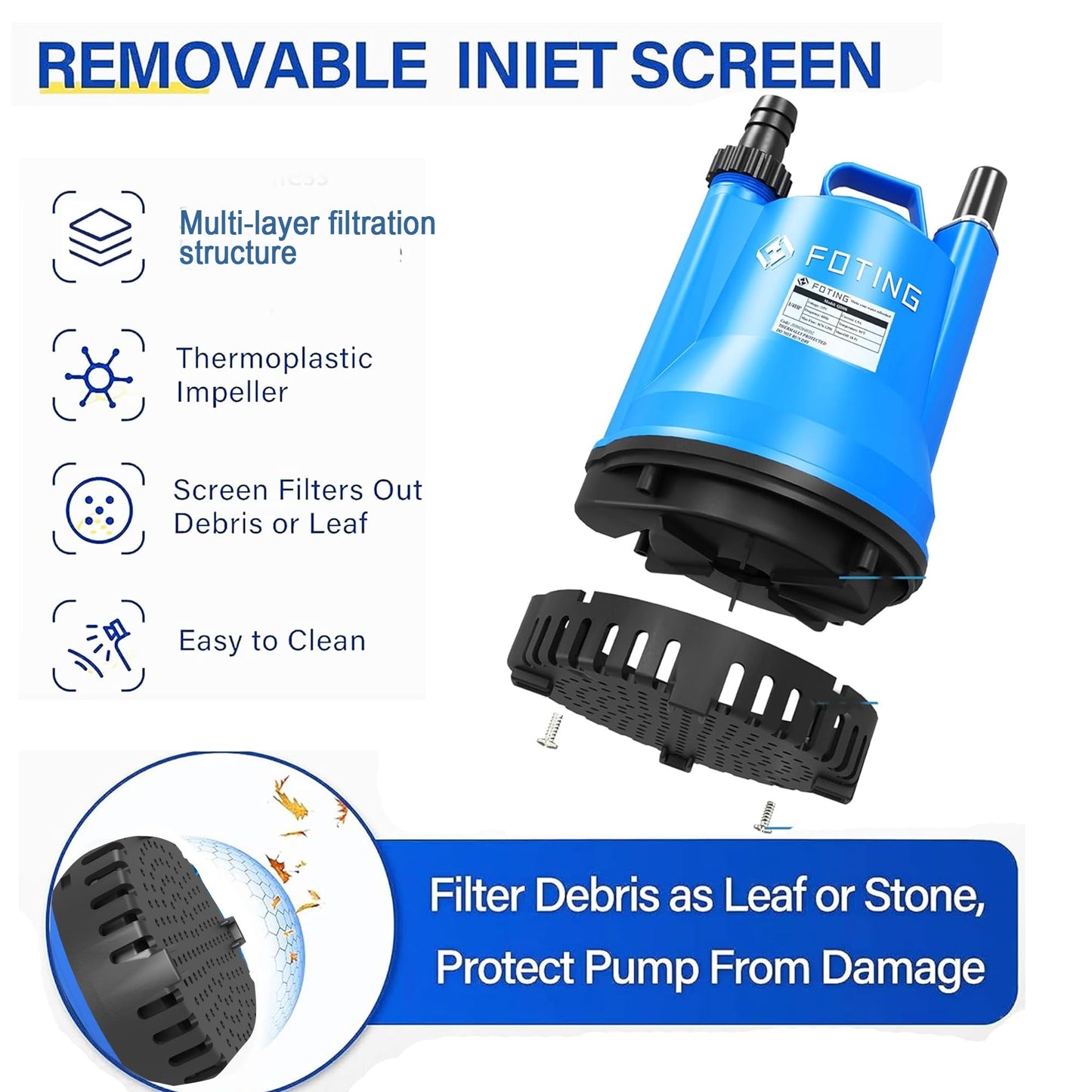 FOTING Submersible Water Pump - 1/4HP Utility Pump - 1676GPH Thermoplastic Electric Portable Transfer Water Pump - 25-Foot Cord for Pool, Tub, Garden, Pond Draining