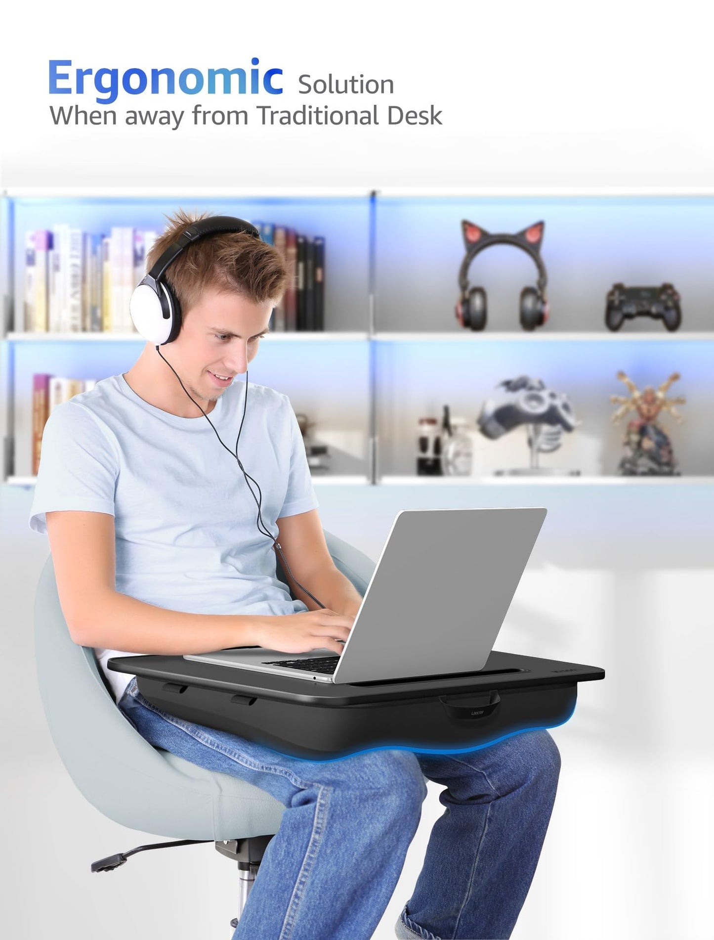Lap Desk - Portable Laptop Stand & Stand, Fits Up to 17.3 in, Washable Cushion, Built-in Phone Holder & Mouse Pad - Gaming, Eating, Writing, Working on Bed, Couch,Floor - L.DOCTOR(Large, Black)