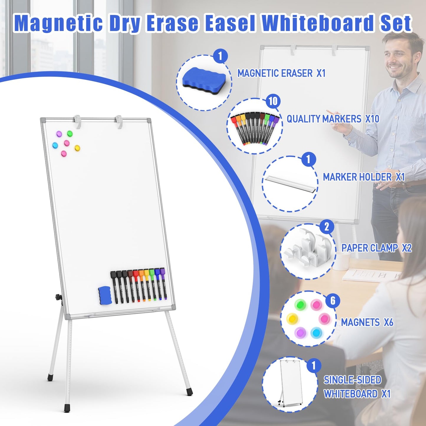 JOYUMY Dry Erase White Board with Stand 36x24 Magnetic Portable Easel with Height Adjustable Tripod, 3' x 2' Flipchart Easel Stand up with Markers, Eraser & Magnets for School Office Classroom Home