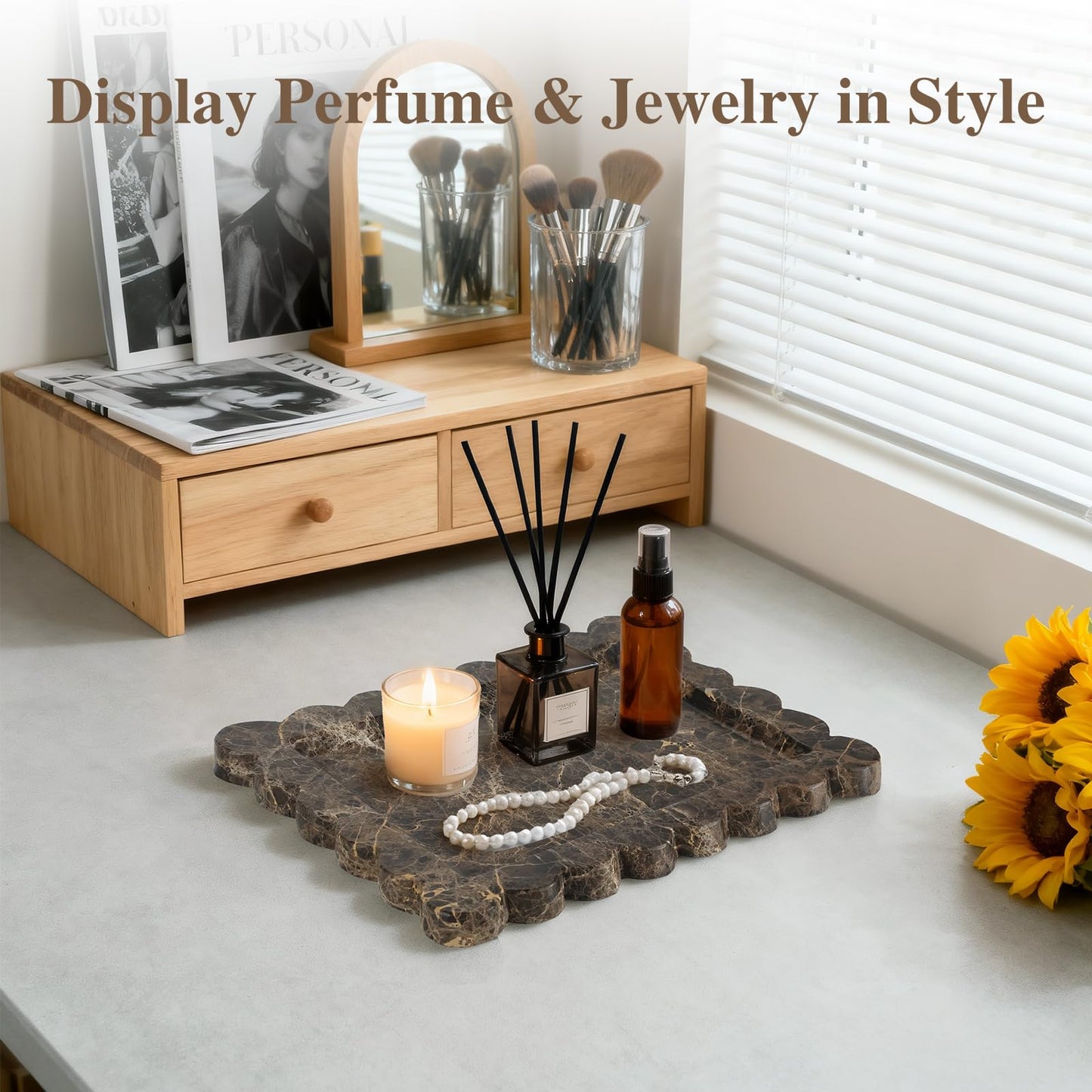 Rectangle Marble Tray with Scalloped Edge, Dark Brown Decorative Tray for Bathroom Vanity, Kitchen Counter, Dresser Top Organizer, Perfume Jewelry Holder, 11x8 Inch Natural Stone Home Décor
