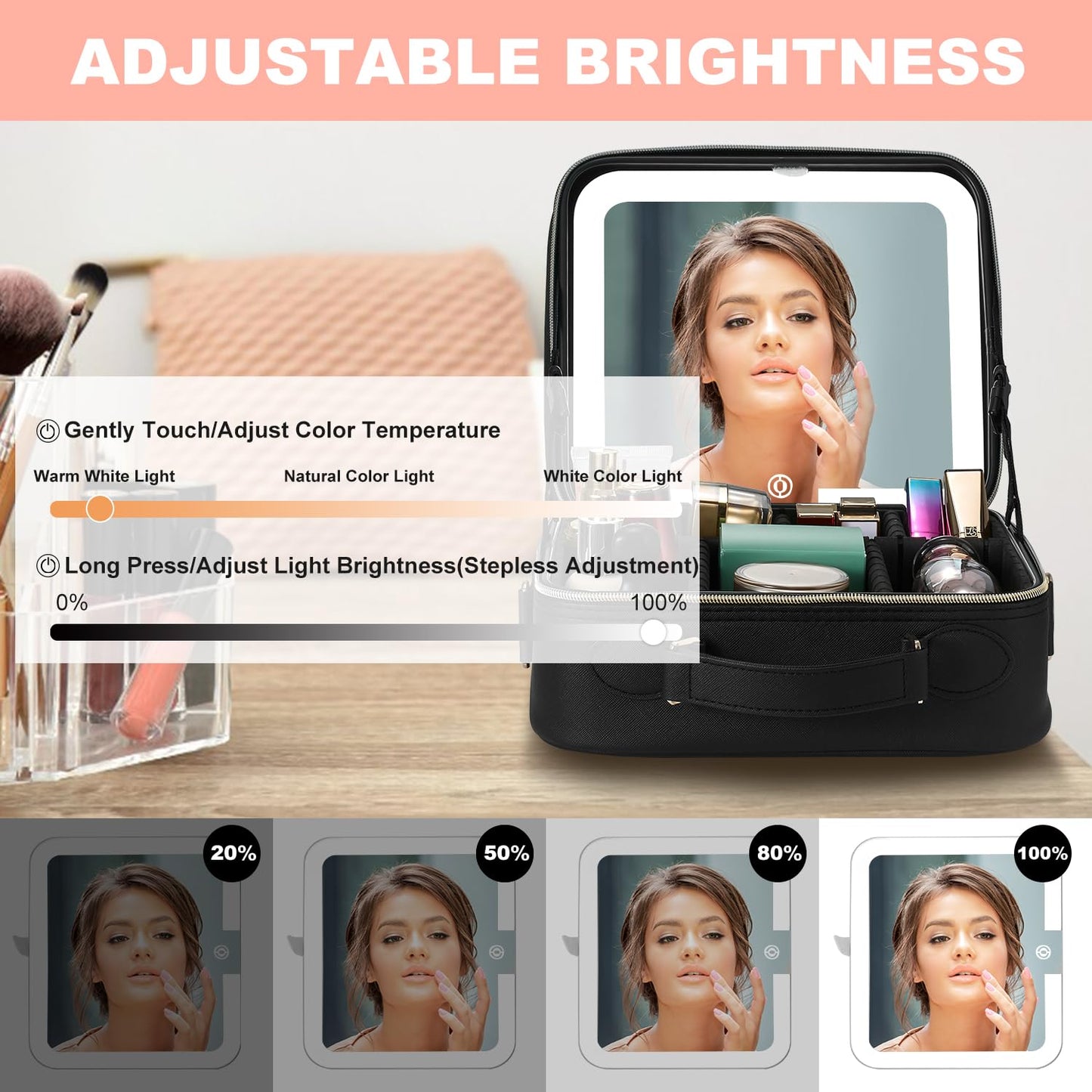 Mocado Travel Makeup Bag with LED Lighted Mirror,Travel Makeup Organizer, Makeup Case with 8 Makeup Brushes and 10x Magnifying Mirror, 3 Color Lighting, Adjustable Divider Makeup Box(Black Lozenge)