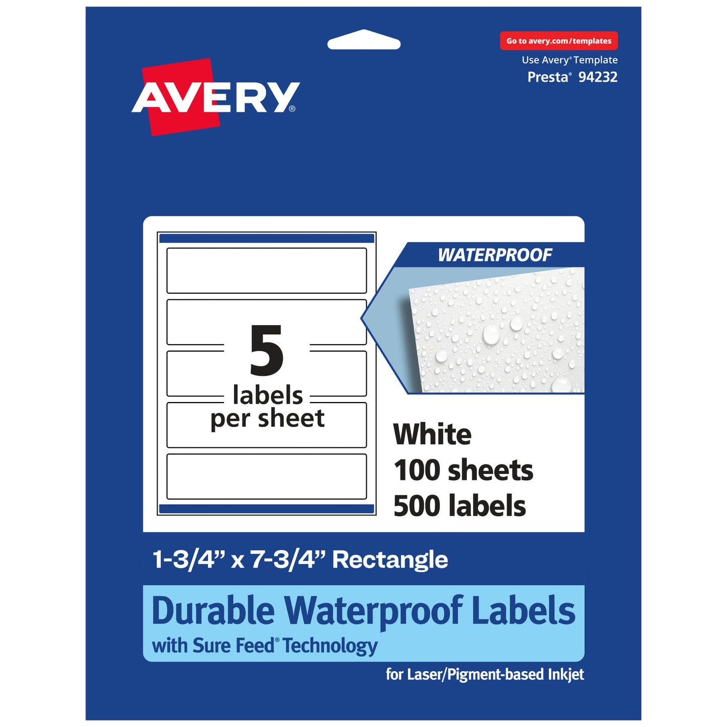 Avery Durable Waterproof Rectangle Labels with Sure Feed, 1.75" x 7.75", 500 Oil and Tear-Resistant Waterproof Labels, Print-to-The-Edge, Laser/Pigment-Based Inkjet Printable Labels