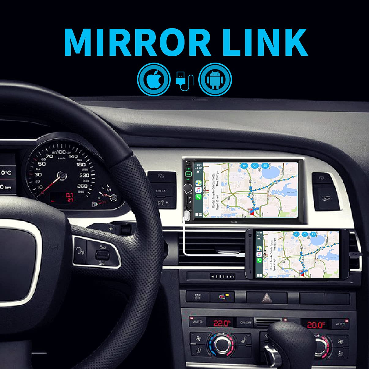 Double Din Car Stereo Radio Compatible with Apple Carplay and Android Auto, 7-Inch HD Touchscreen with Voice Control, Mirror Link, Backup Camera, Steering Wheel, Bluetooth, FM, USB/TF/AUX Port