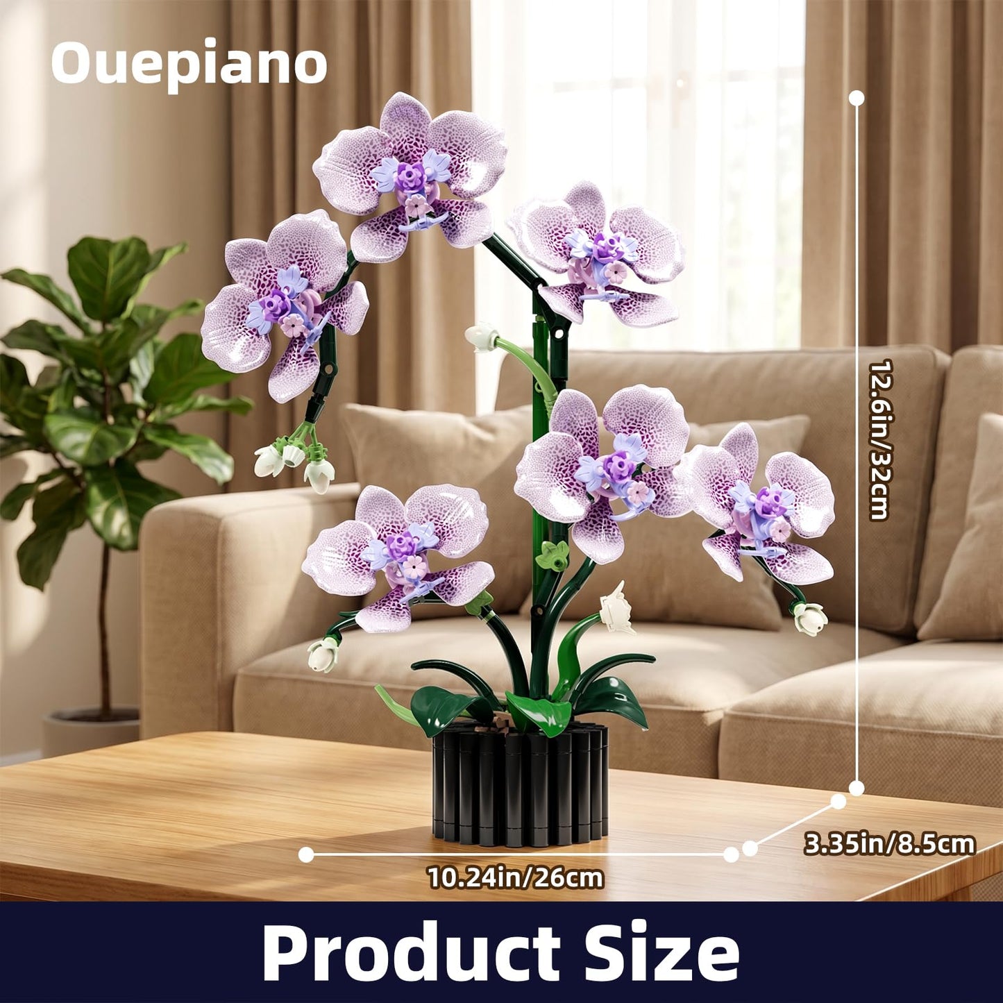 Ouepiano Artificial Orchid Building Set for Adults – 619PCS Flower Bouquet Kit, Lifelike Butterfly Orchid Potted Plant Model, DIY Home Office Desk Decor, No Watering Needed