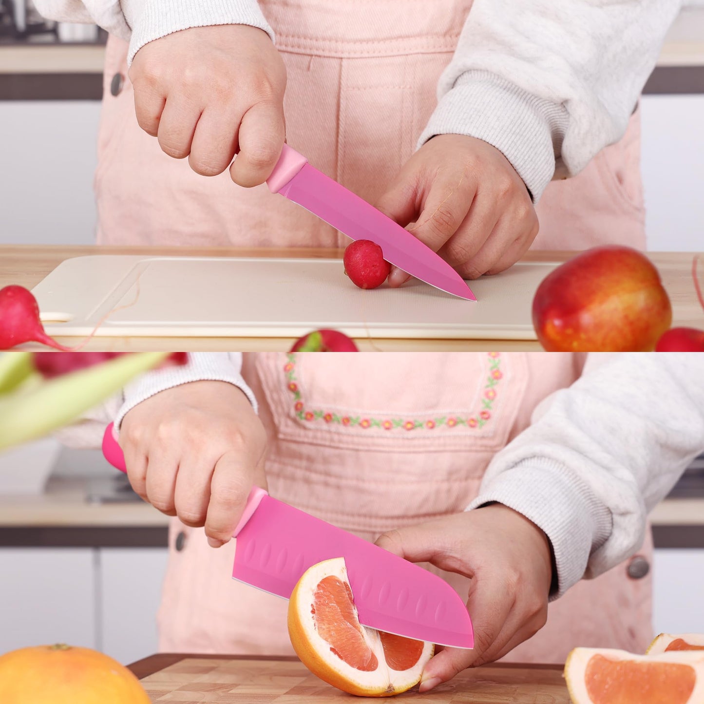 hecef 15 Pieces Kitchen Knife Set with Built-in Sharpening Wooden Block, Dishwasher Safe, High Carbon Stainless Steel Knife Block Set with Steak Knives, Kitchen Scissors, Hot Pink