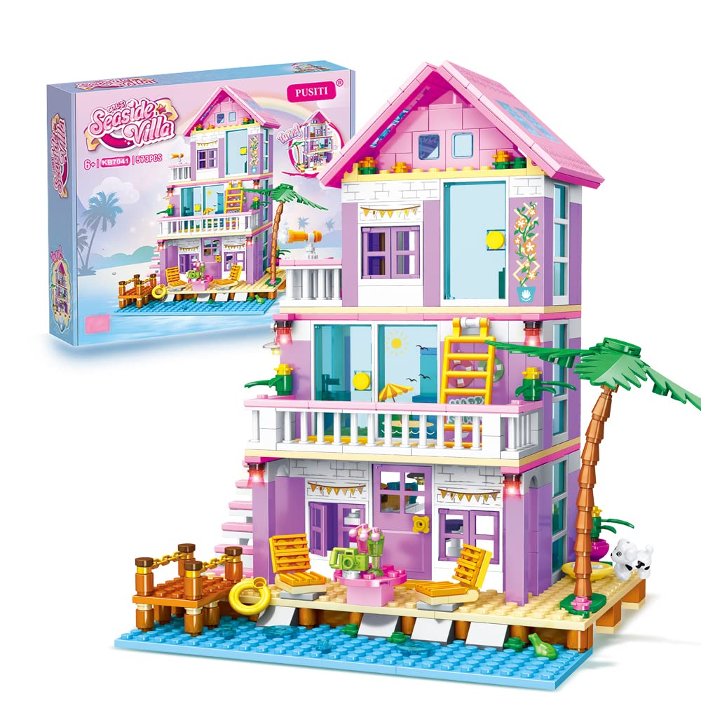 PUSITI Seaside Villa Building Set 573 Pieces Toys for Girls Building Blocks House Toys Beach Villa Construction Toys Holiday Cottage Bricks Toys for Girls Age 6+