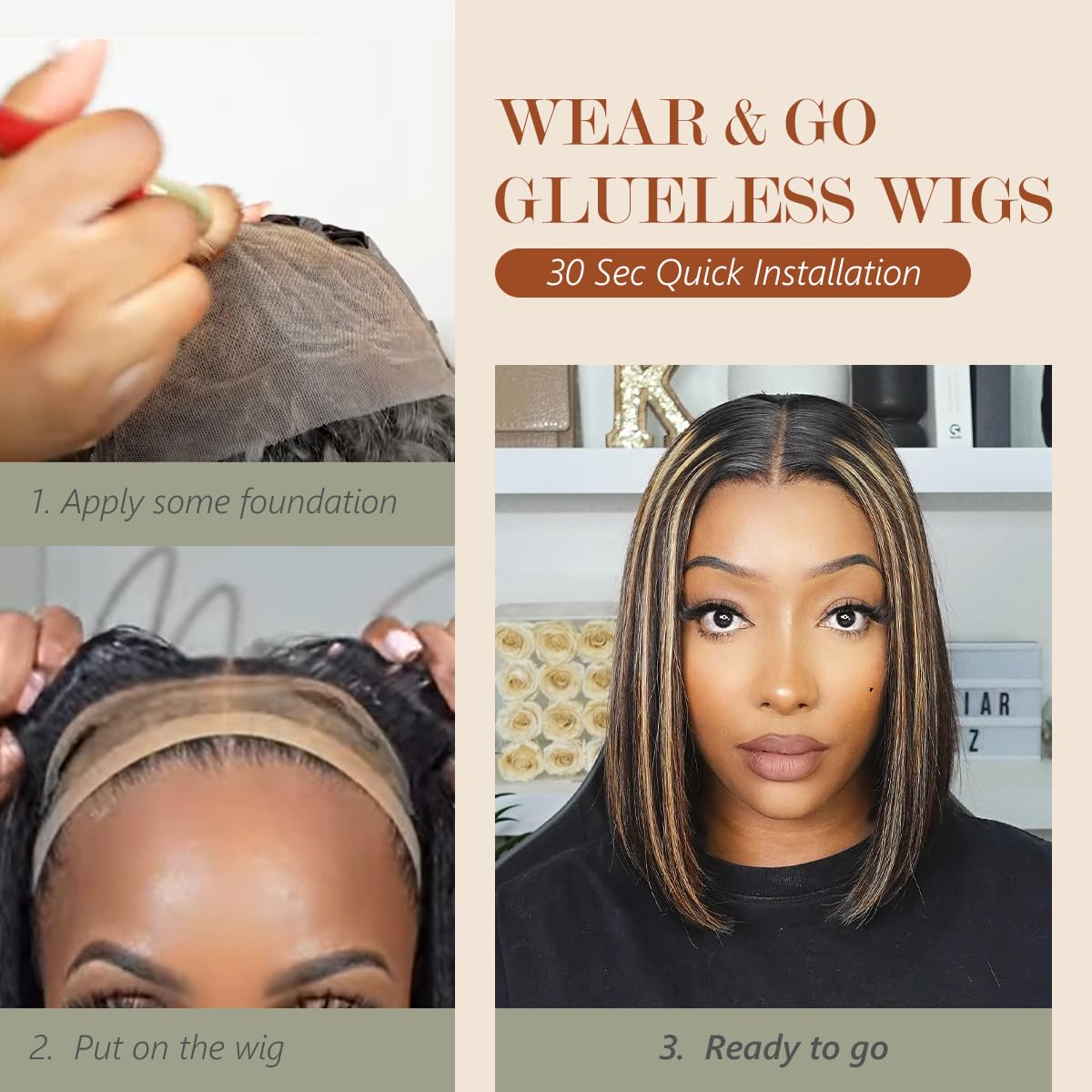 Amuopz Highlight Glueless Wig Human Hair Pre Plucked Pre Cut P1b/27 5x5 HD Lace Closure Bob Wigs Glueless Wear and Go Colored Ombre Straight Lace Front Human Hair Wig for Black Women 12 IN