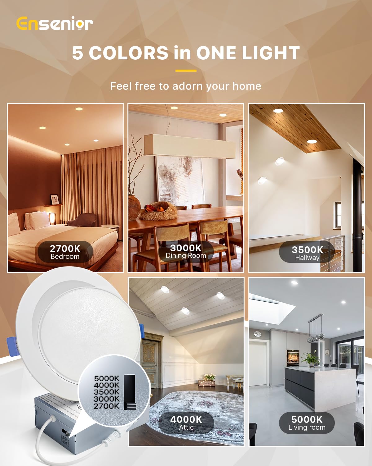 Ensenior 6 Pack 6 inch Gimbal Led Recessed Lighting, 90° Rotatable and 5CCT Selectable, Dimmable Eyeball Recessed Lights, Canless Angled Adjustable Ceiling Downlight, 1200LM, 12W=115W-FCC Certified