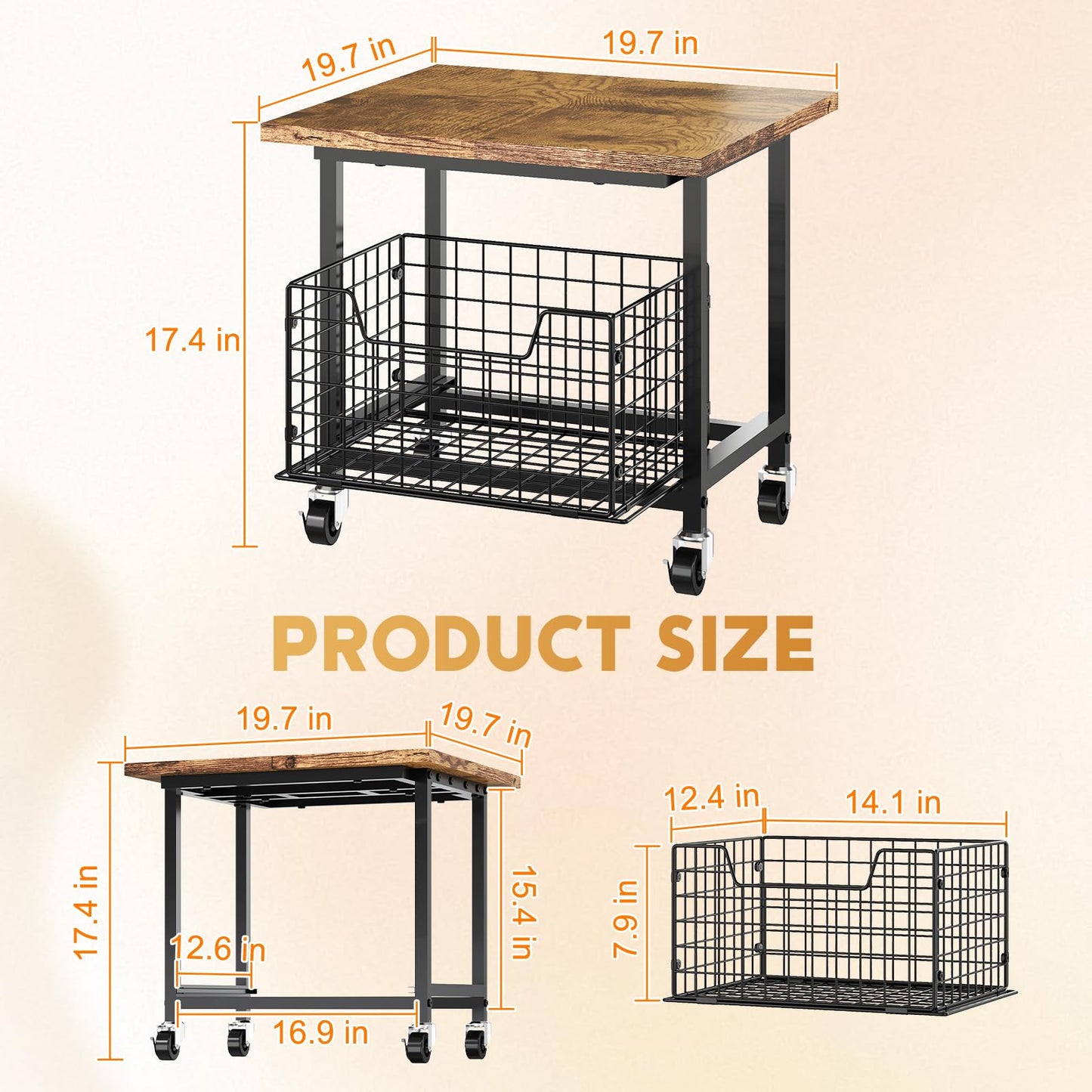 Mini Fridge Stand with Storage, Small Refrigerator Stand with Wheels, Rolling Mini Fridge Cart-Max Load 300 LBS Heavy Microwave Printer Stand Utility Cart for Dorm, Apartment, Kitchen, Office (Brown)