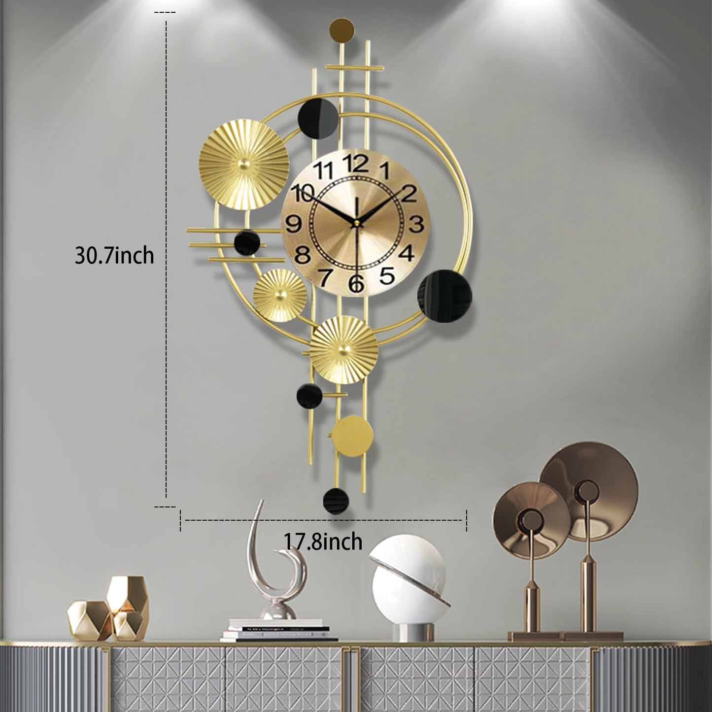 Gilacco Large Wall Clocks for Living Room,Silent Non Ticking,Battery Operated Oversized Round Modern Wall Clock for Bedroom,Farmhouse,Office Wall Decor-17.8x30.7Inch(Golden)