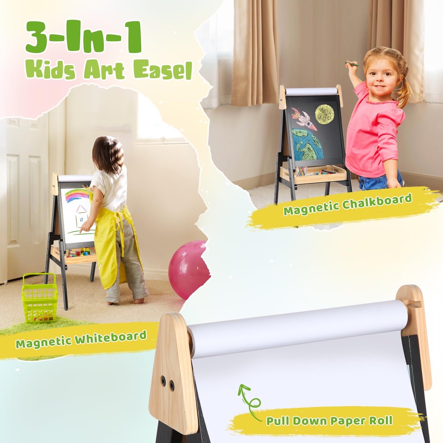 3 in 1 Easel for Kids with Wood Tray Double Sided Kids Easel with Paper Roll,Magnetic Chalkboard & White Board Height Adjustable Painting Standing Drawing Board for Toddlers Childrens 2+ (Black)