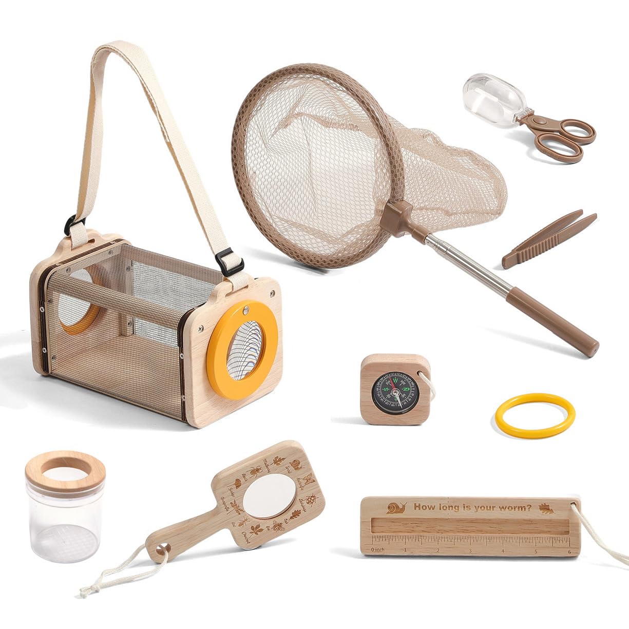Macabaka Wooden Bug Catcher for Kids, 8-in-1 Insect Exploration Set with Butterfly Net, Magnifying Glass, Bug Habitat, Tweezers, Compass,Outside Toys for Toddlers