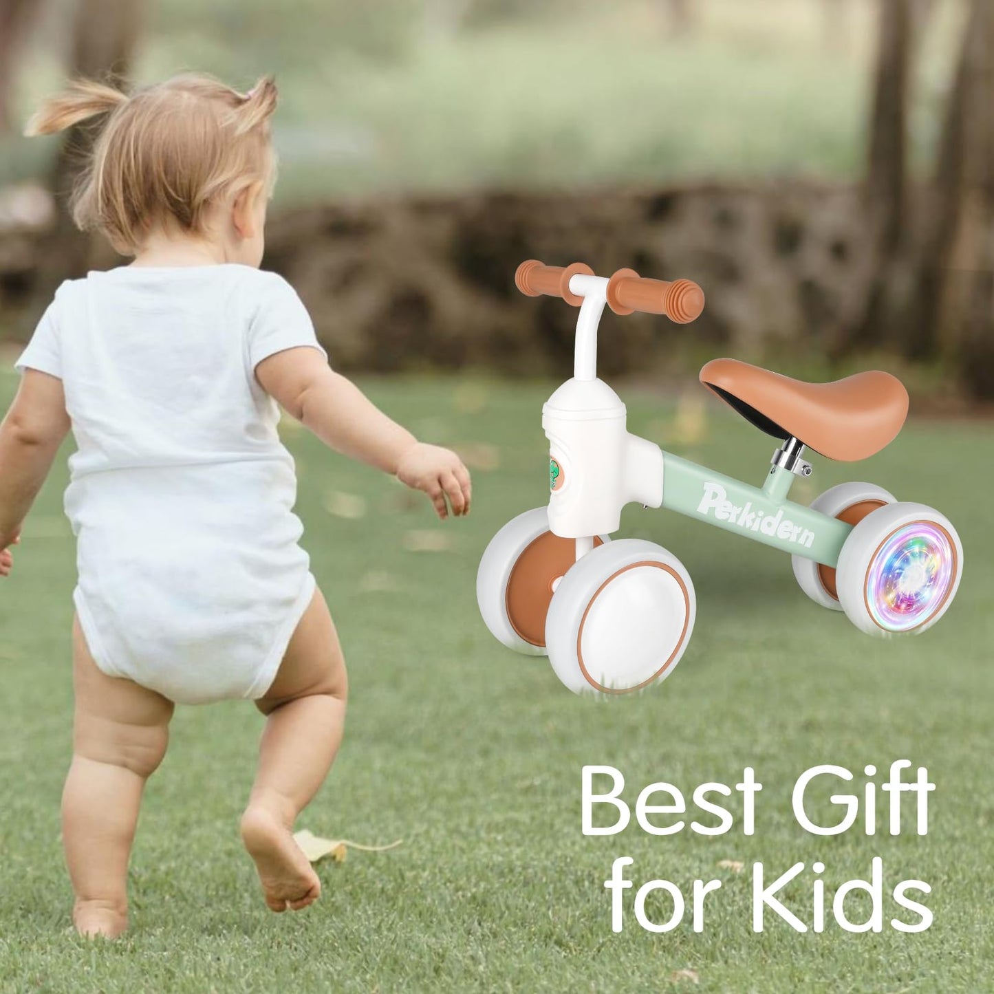 PerKidern Baby Balance Bike for 1-3 Year Old Boys Girls, 12-36 Month Toddler Balance Bike, 4 Wheels Baby Bike Toddler First Birthday Gifts (Colorful Lighting)