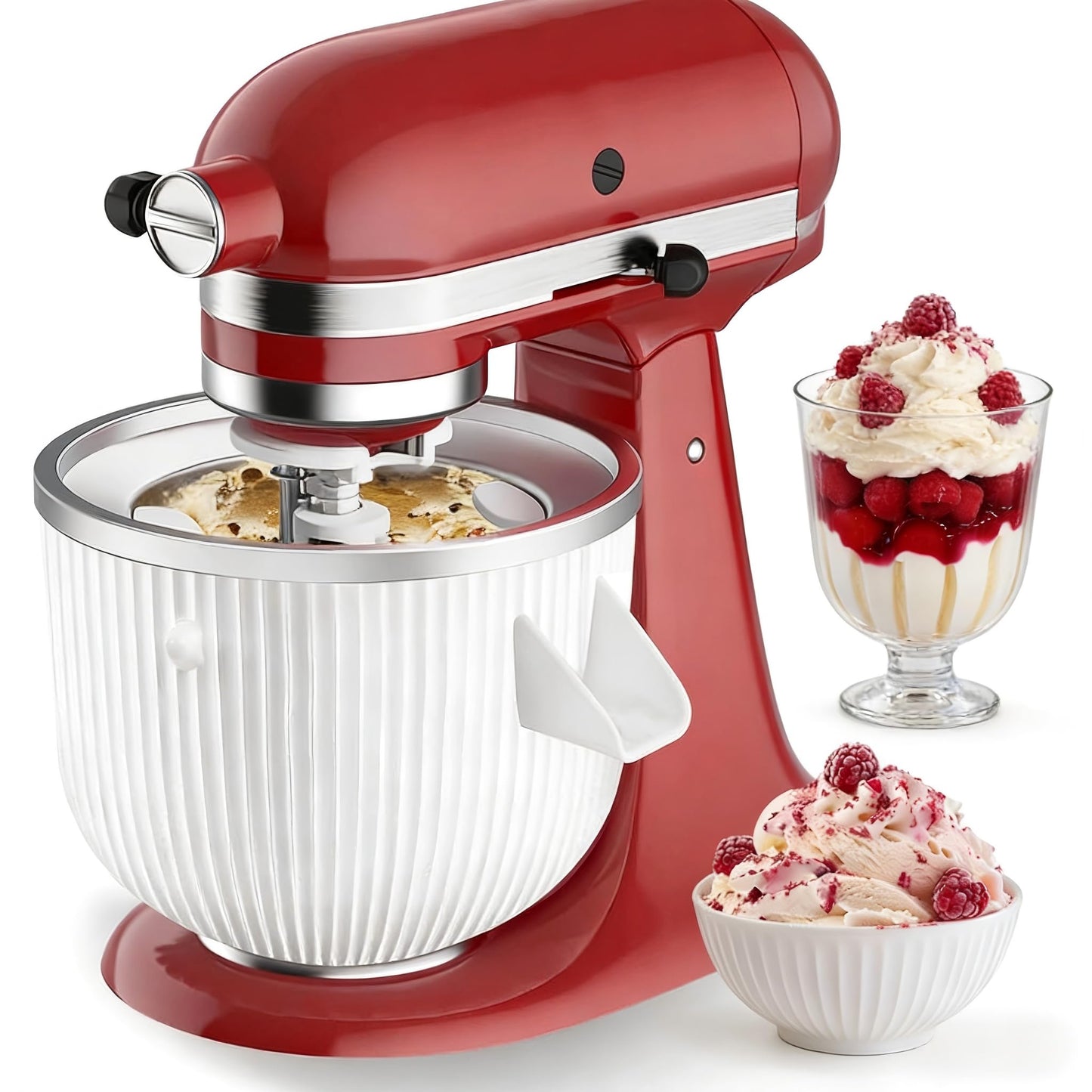 Ice Cream Maker Attachment for KitchenAid, Ice Cream Bowl Fits KitchenAid 4.5/5QT/ 6QT&7QT Mixers, Frozen Ice Cream & Sorbet Gelato Maker, 2 Quart, White