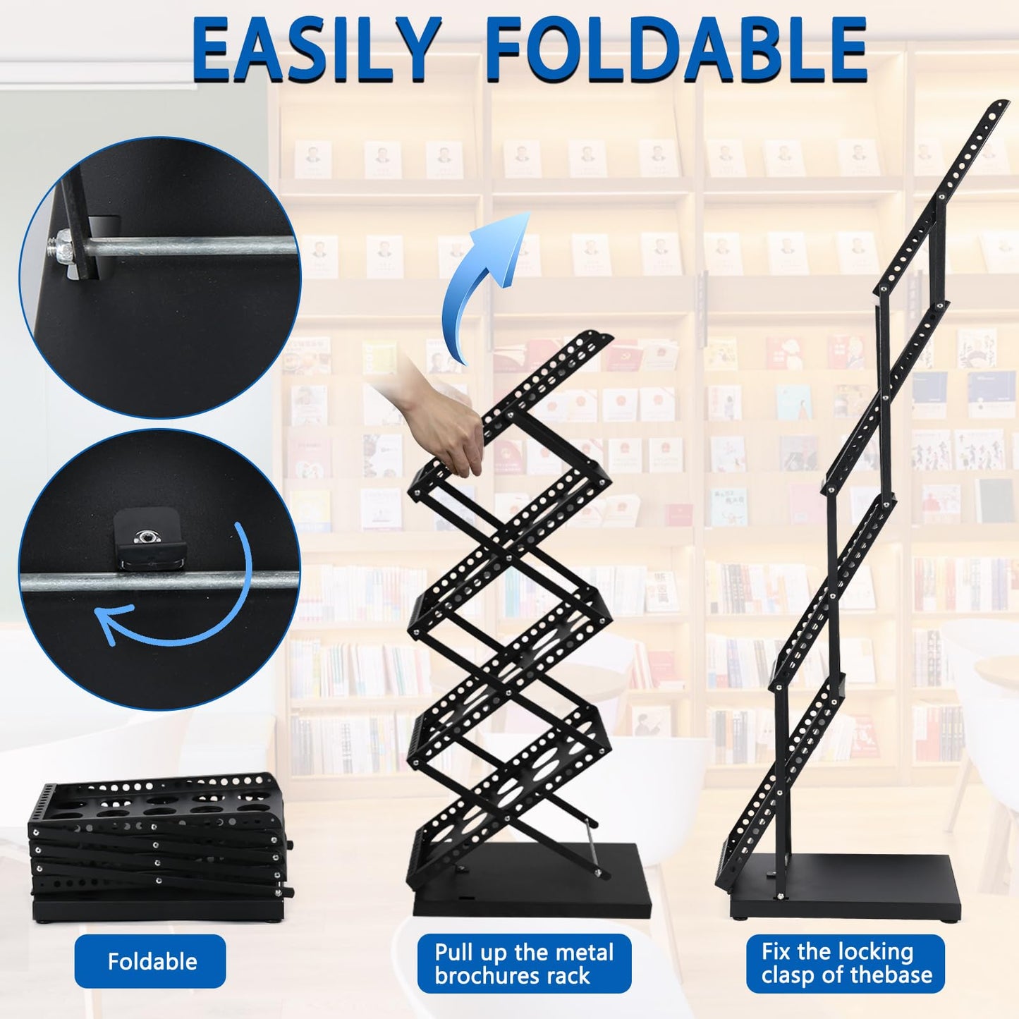 ZLDYPINK Brochure Display Stand Foldable Magazine Rack, Metal Brochure Holder Literature Rack with Carrying Bag, 4 Pockets Literature Stand for Exhibition Trade Show and Office Retail Store, Black