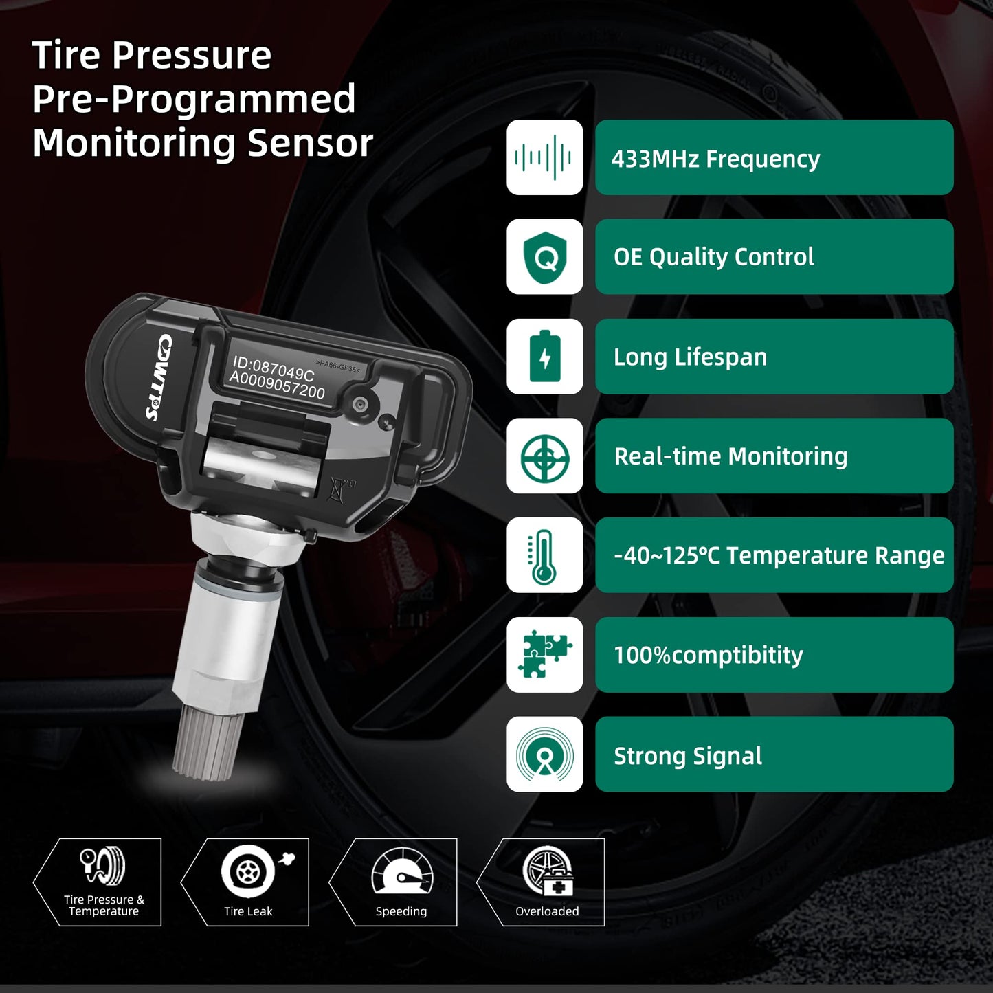 CDWTPS TPMS Sensor,433MHZ Tire Pressure Monitor System 4-Pack for Mercedes Replaces#A0009050030 A0009053907 A0009054204…