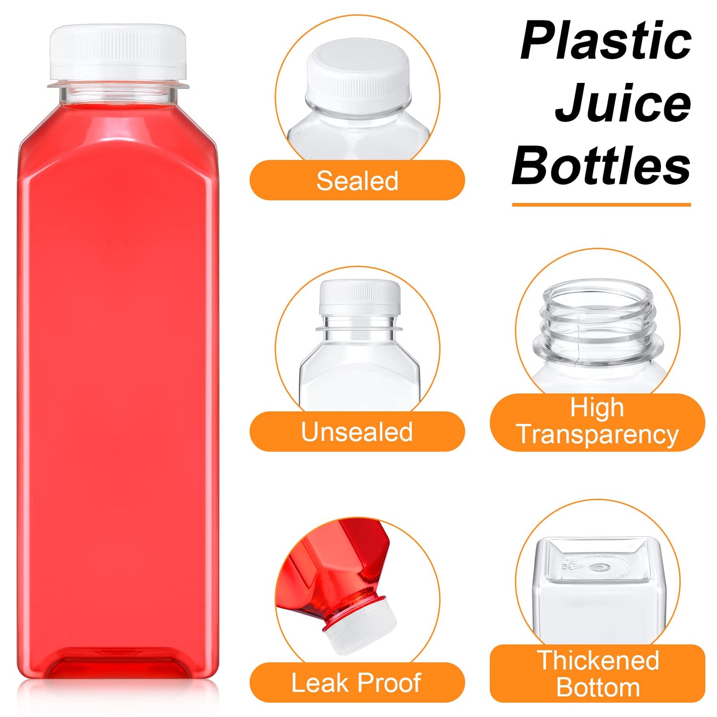 200 Pcs Plastic Juice Bottles with Caps Square Empty Clear Water Bottles Bulk Drinking Beverage Containers Reusable Empty Juicing Refillable PET Flasks with Lids for Drinks Smoothie(16oz,White)