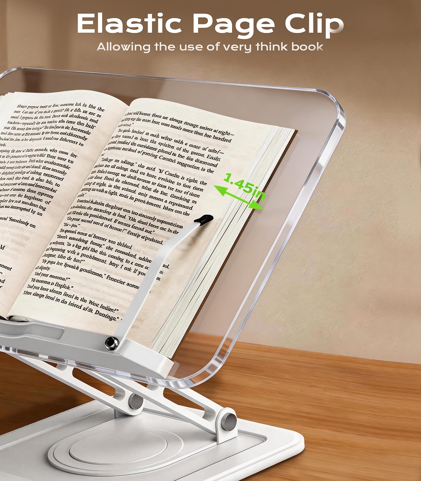 Book Stand for Reading, Adjustable Book Holder with 360°Rotating Bases, Ergonomic Cookbook Stand Recipe Book Holder with Elastic Page Clips for Magazines, Tablets, Laptops,Acrylic White