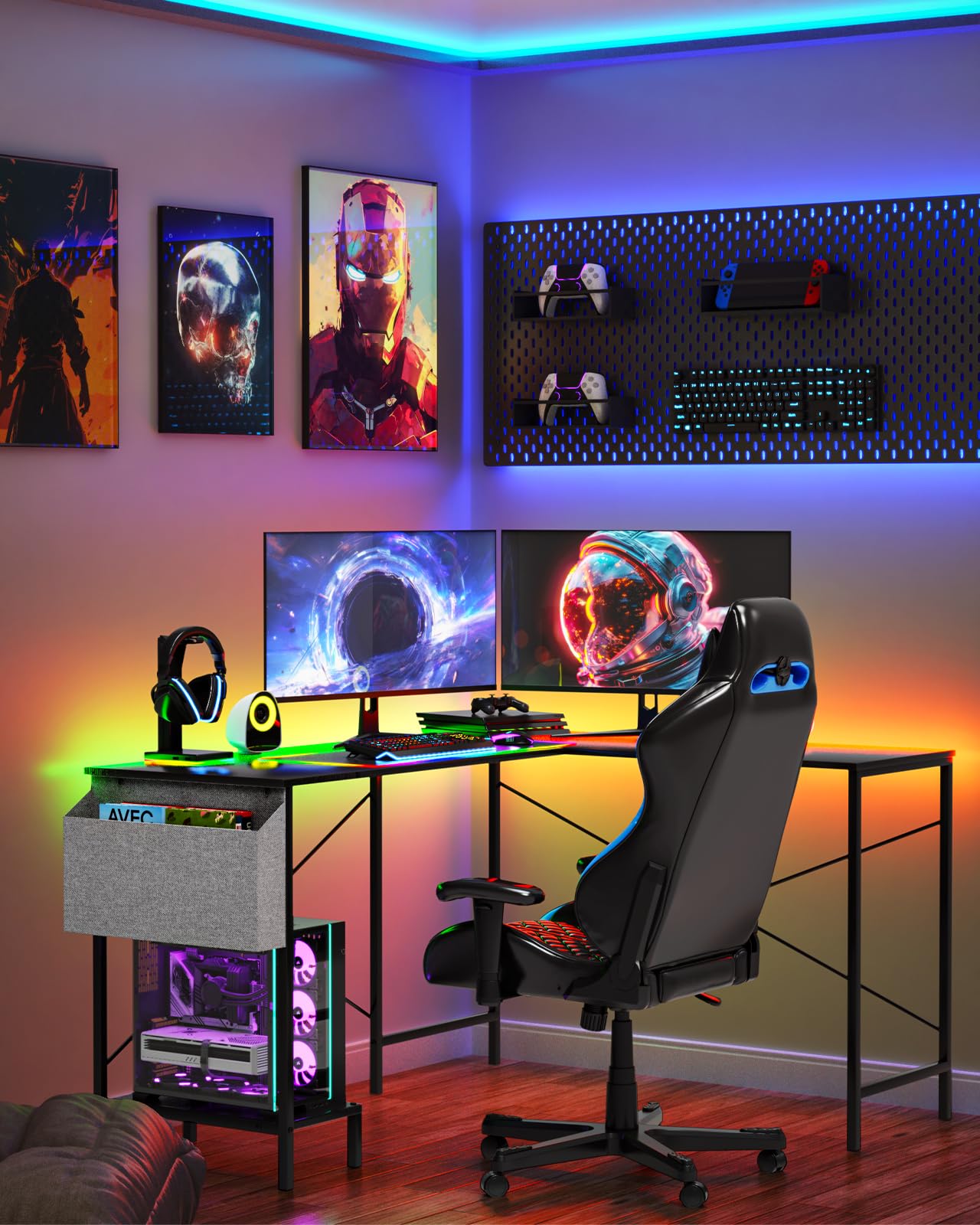 L Shaped Desk - 50" Reversible Home Office Computer Desk, Wood Top, Metal Frame, Side Bag, Sturdy Gaming Desk Corner Table for Work, Writing and Study, Space-Saving