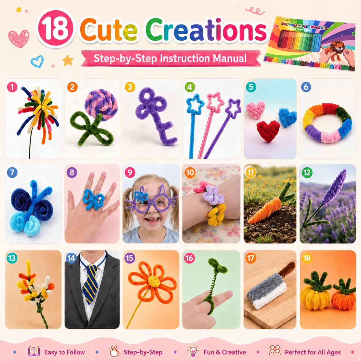 LOTWOW 1200PCS Pipe Cleaners Bulk 30 Colors, 18 DIY Projects & Video Guides