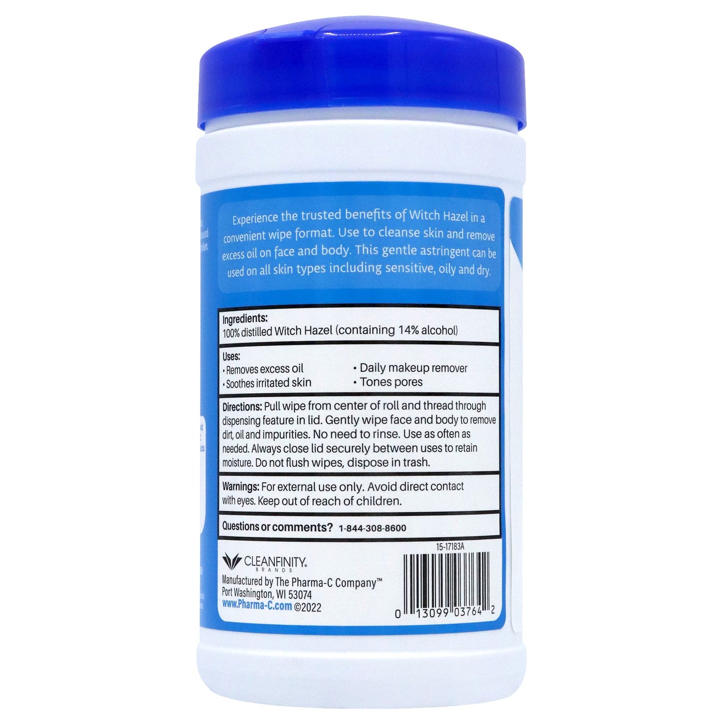 Pharma-C Witch Hazel Wipes [6 canisters] - Daily Toner & Astringent Cleansing Cloths for Face