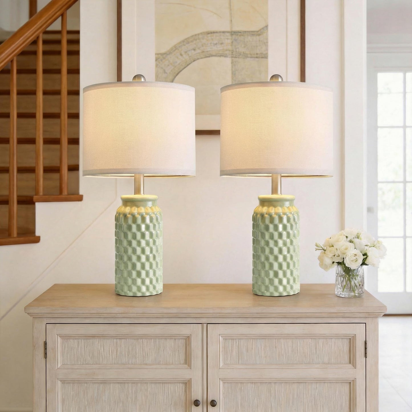Vortether 20.5" Small Bedside Lamps Set of 2 with 5FT Cord, Green Ceramic Modern Farmhouse Table Lamps for Nightstand, Living Room, Bedroom, 3D Honeycomb Stylish End Table Lamps(Bulb Not Included)