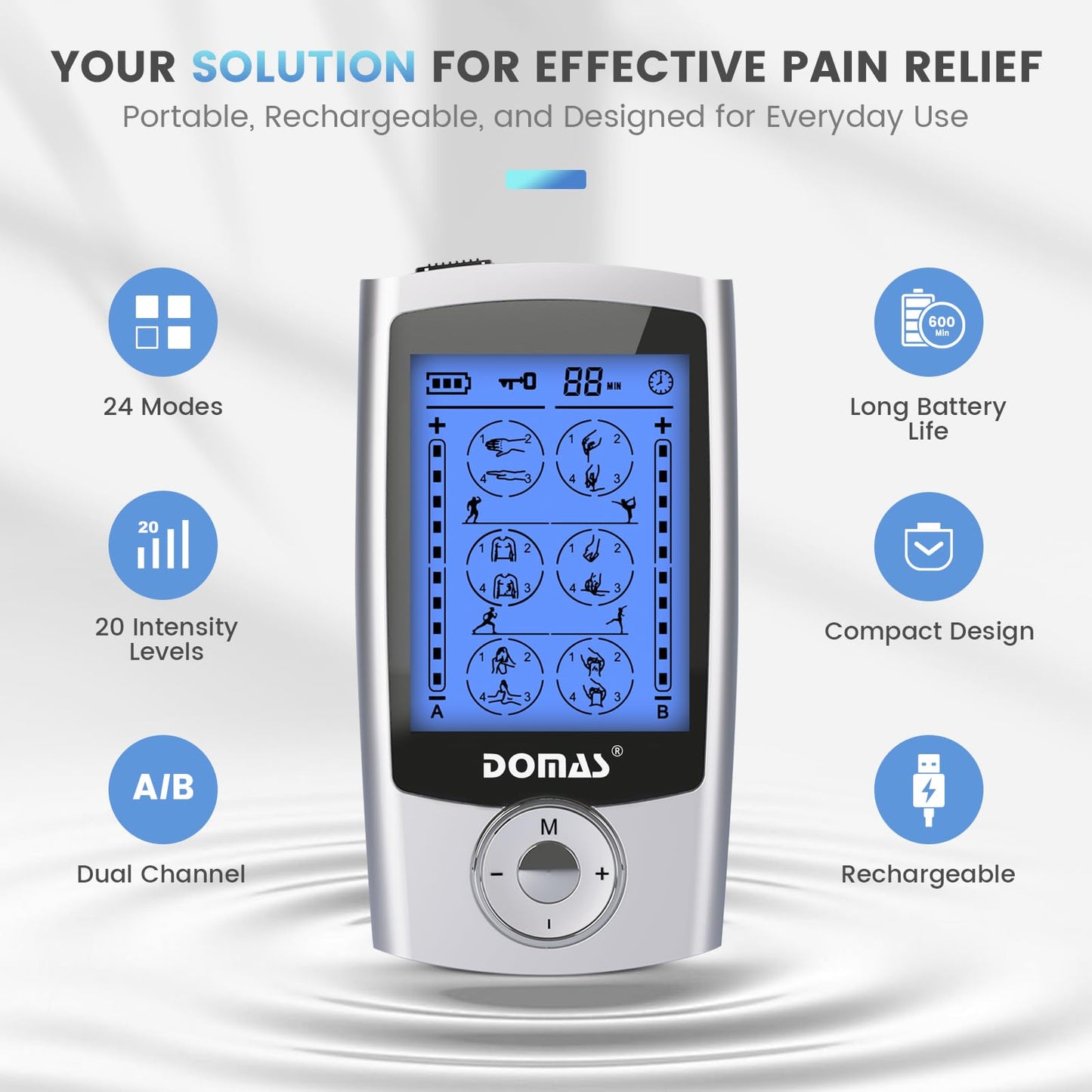 DOMAS TENS Unit for Neck, Back, Shoulders & Legs Pain Relief – Dual Channel, 24 Modes, Rechargeable Electric Shock Therapy for Muscle Relief