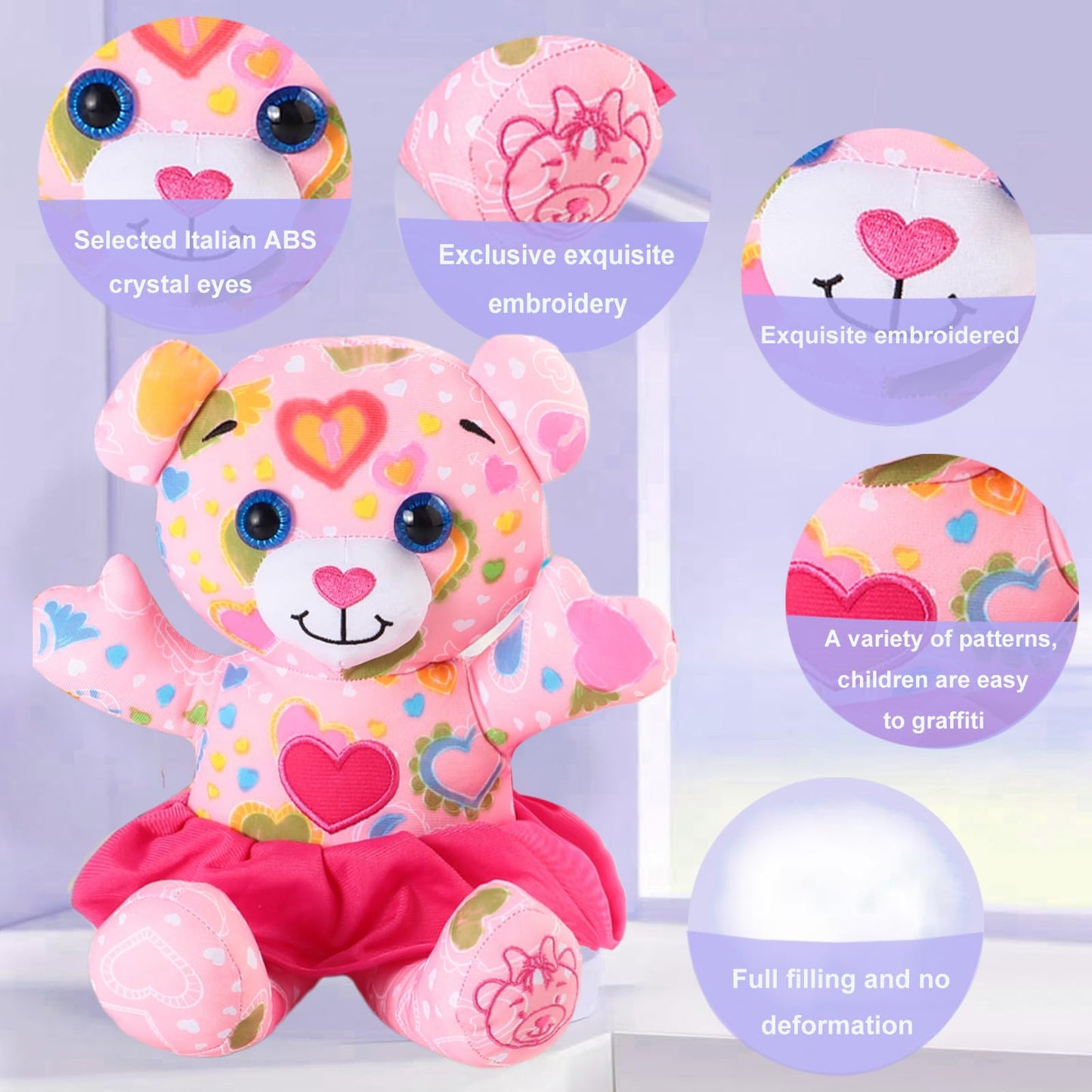 DIY Coloring Plush Toy with Washable Markers, Scribble Pets Stuffed Animal, Doodle Dolls Art Toy for Boys and Girls Ages 3-8, Birthday Gift (Pink Bear)