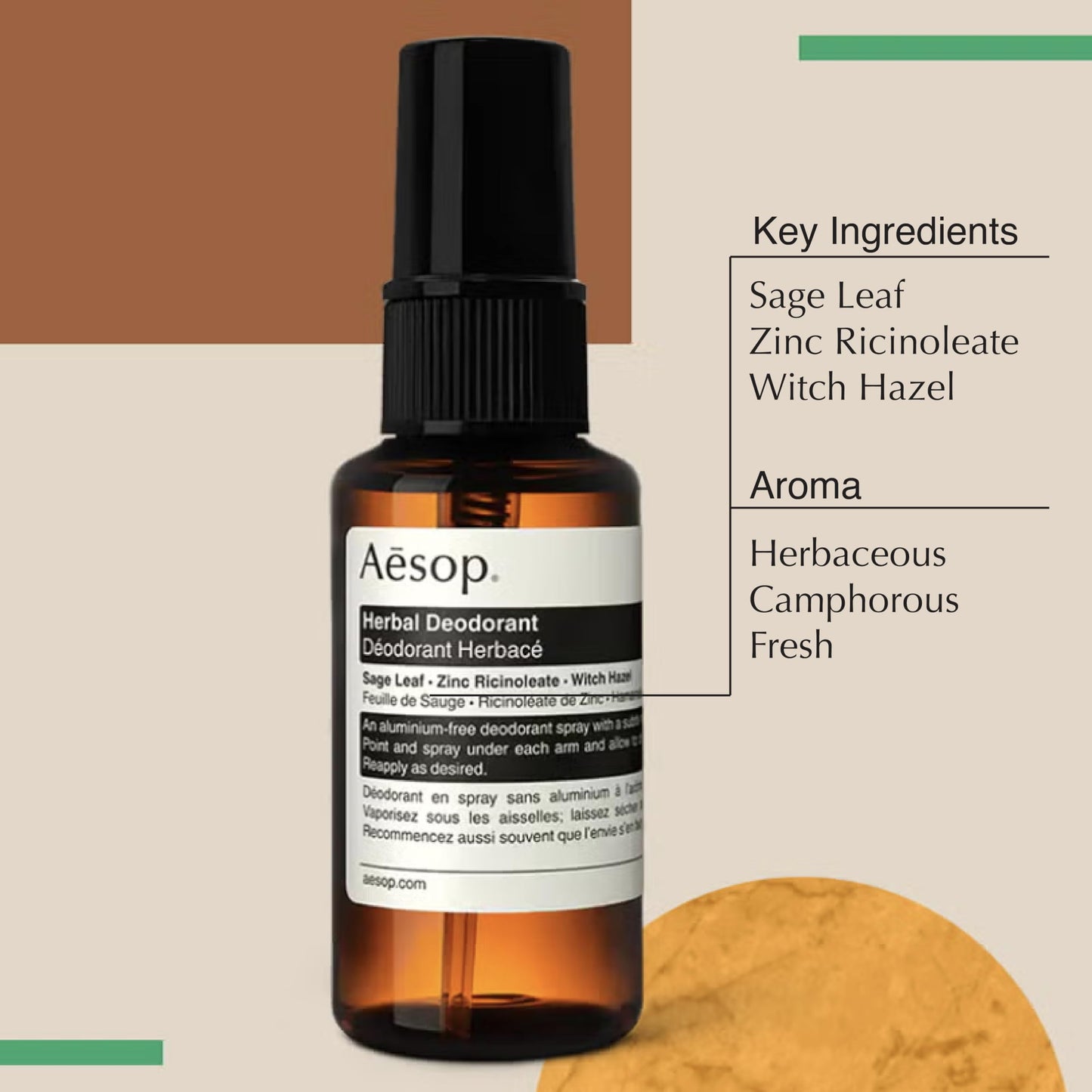 Aesop Herbal Deodorant Spray | Zinc Ricinoleate and a Blend of Essential Oils | Without Aluminium Salts | 1.7 oz
