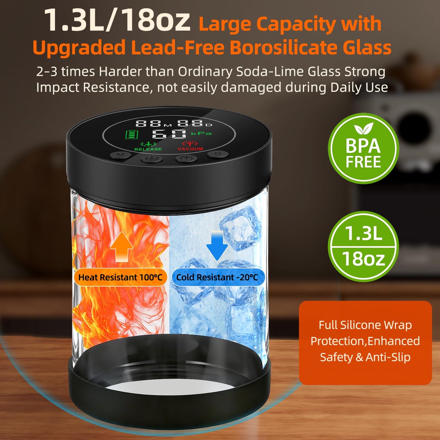 Automatic Vacuum Coffee Canister, 1.3L Coffee Container with Smart Pressure Sensor,LED Display,Window,Scoop Rechargeable Airtight Electric Coffee Bean Storage for Home Kitchen Ground Food Tea Storage