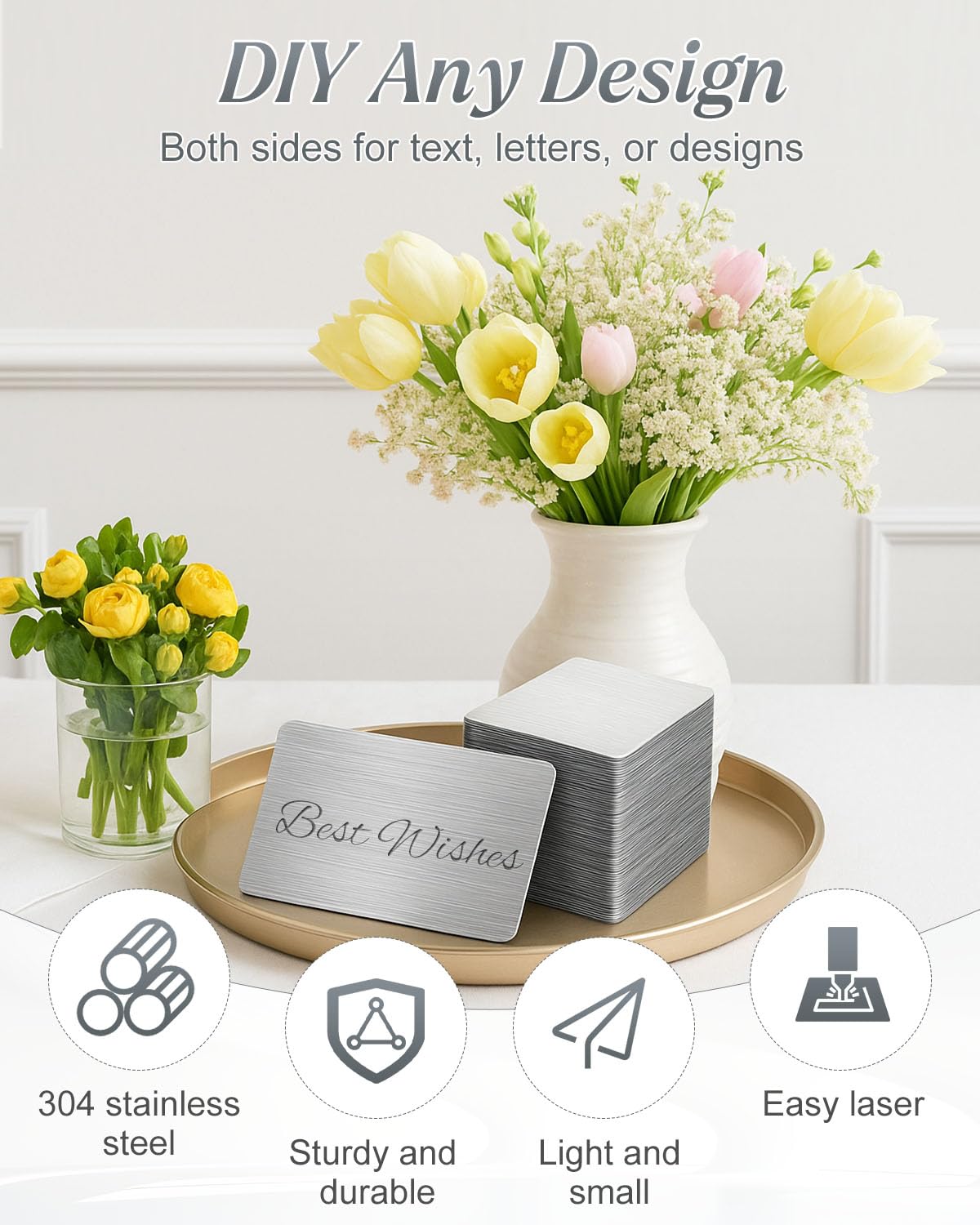 AOKLIT 50 pcs 304 Stainless Steel Metal Business Cards Blanks, 3.4 x 2.1 Inch Thickness 0.8 mm Metal Card Laser Engraving Steel Plates for Business House Customer DIY Gift