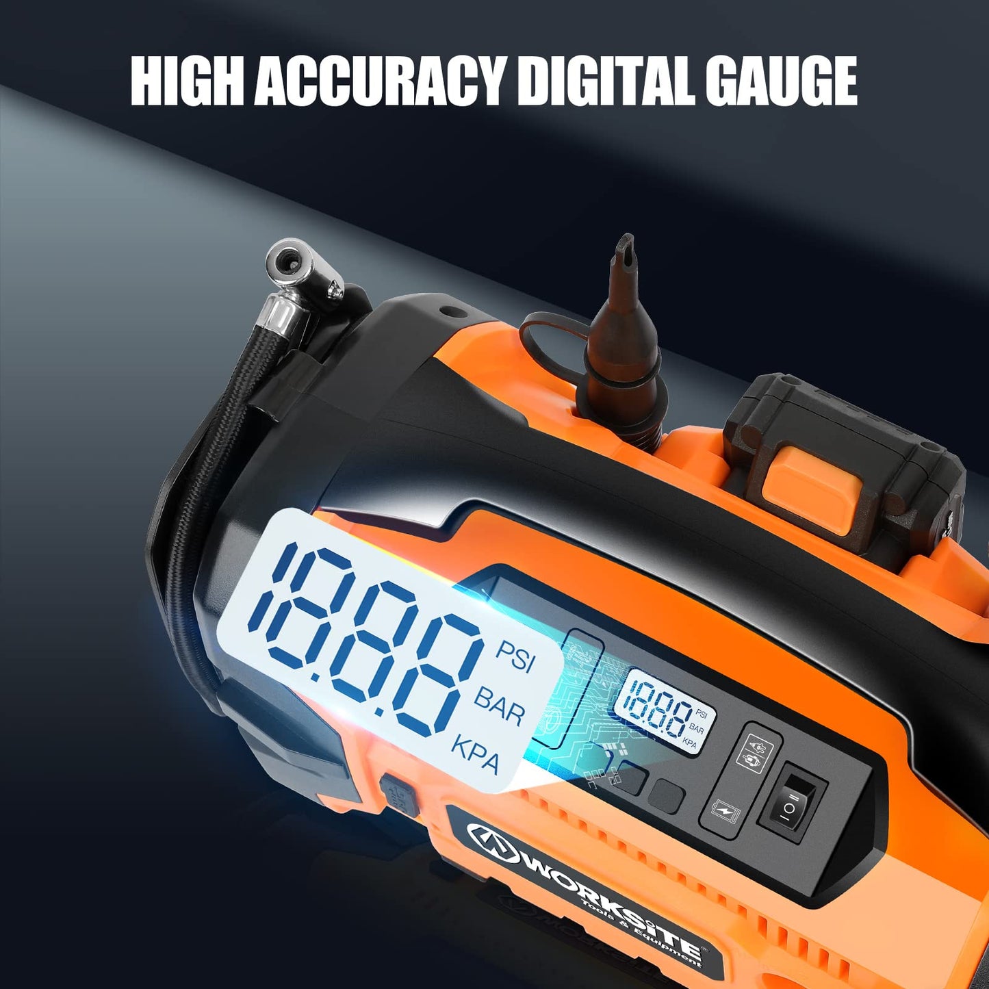 WORKSITE Tire Inflator Air compressor Portable, 160 PSI Car Tire Pump with 3 Power Supply (110V AC, 12V DC & 20V Battery) for cars, bikes, balls,Orange