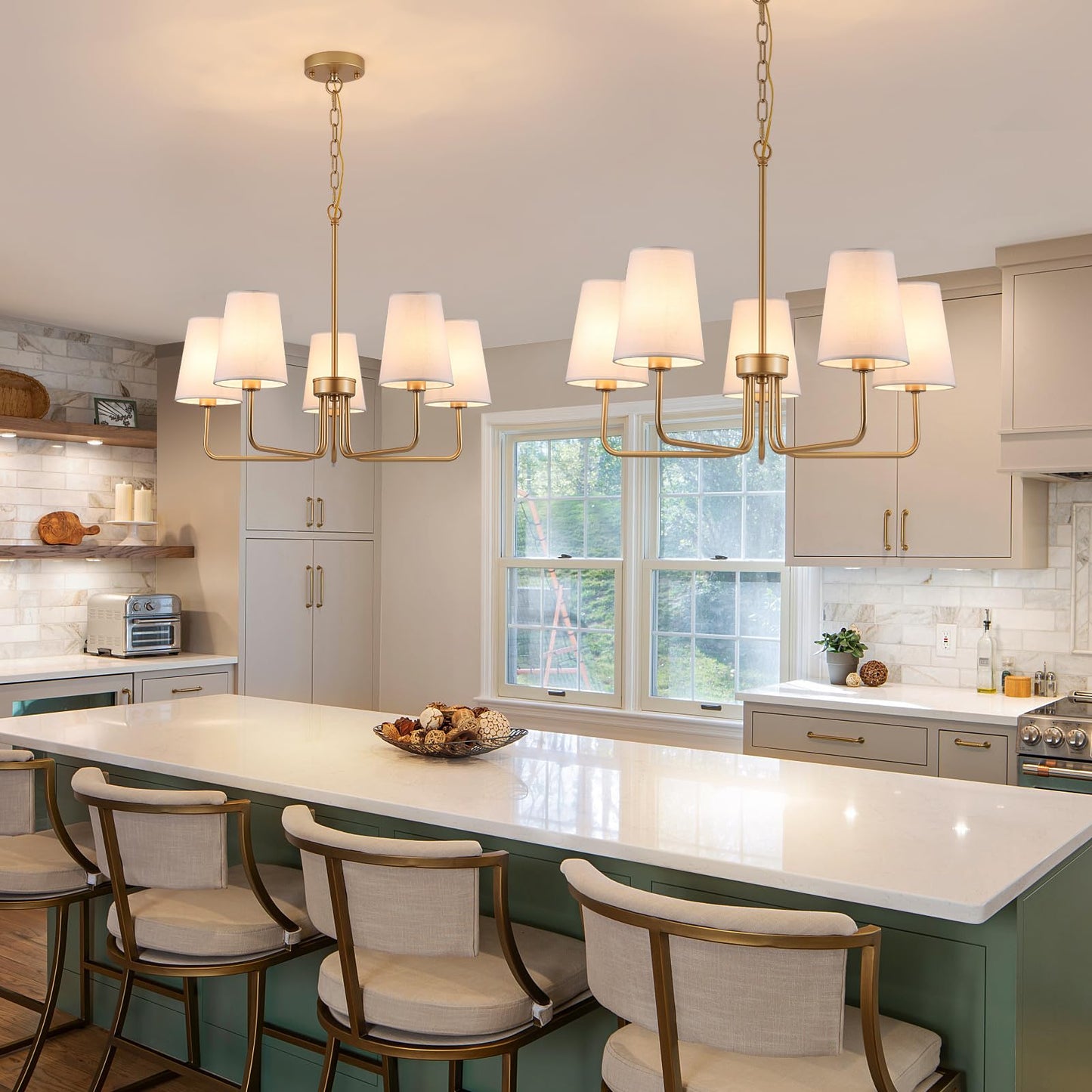AMZASA Farmhouse Chandelier, 5-Lights Visual Comfort Gold Light, Muted Gold with White Fabric Shade, Linear Island Lighting Fixture for Kitchen, Dining Room