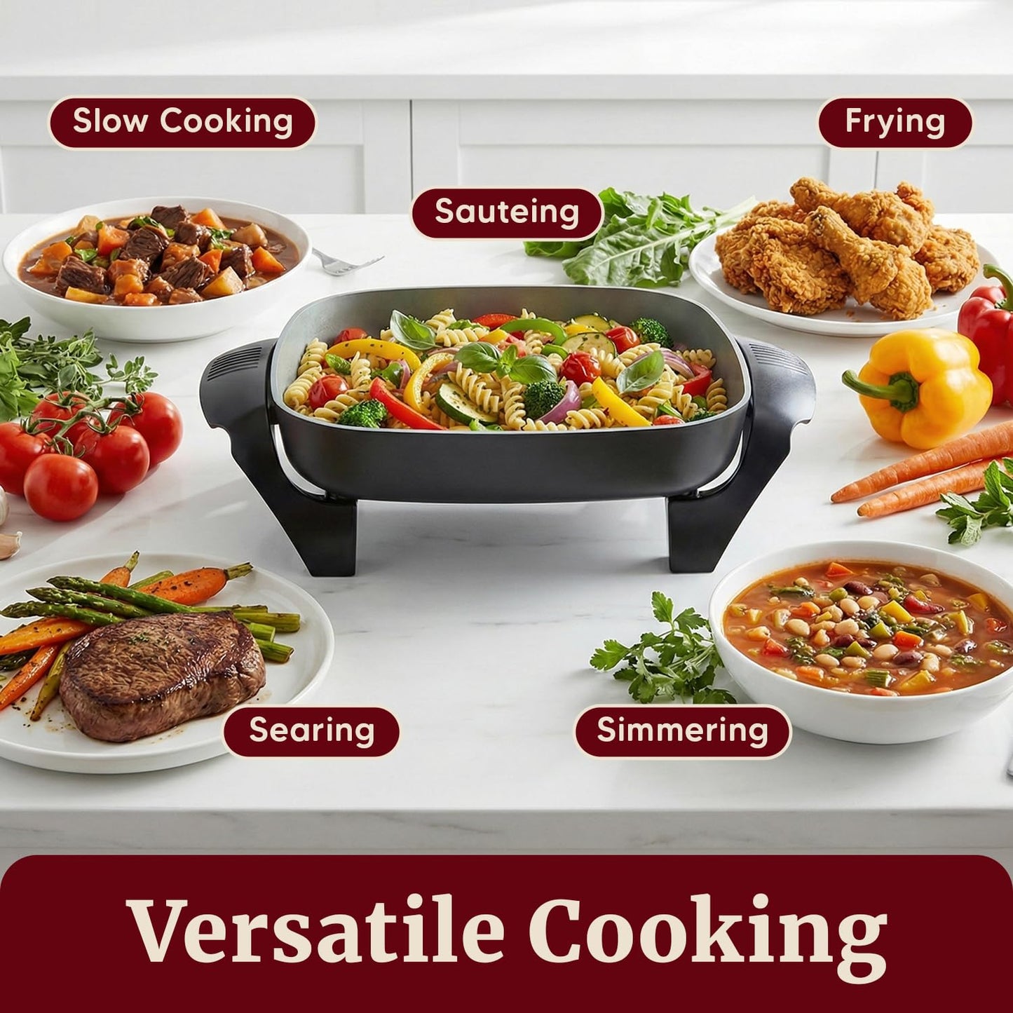 Elite Gourmet 12"x12"x2.15” Ceralast™ PFAS Free Ceramic Electric Skillet, Dishwasher Safe, Rapid Heat Up, 1200W, Dark Grey