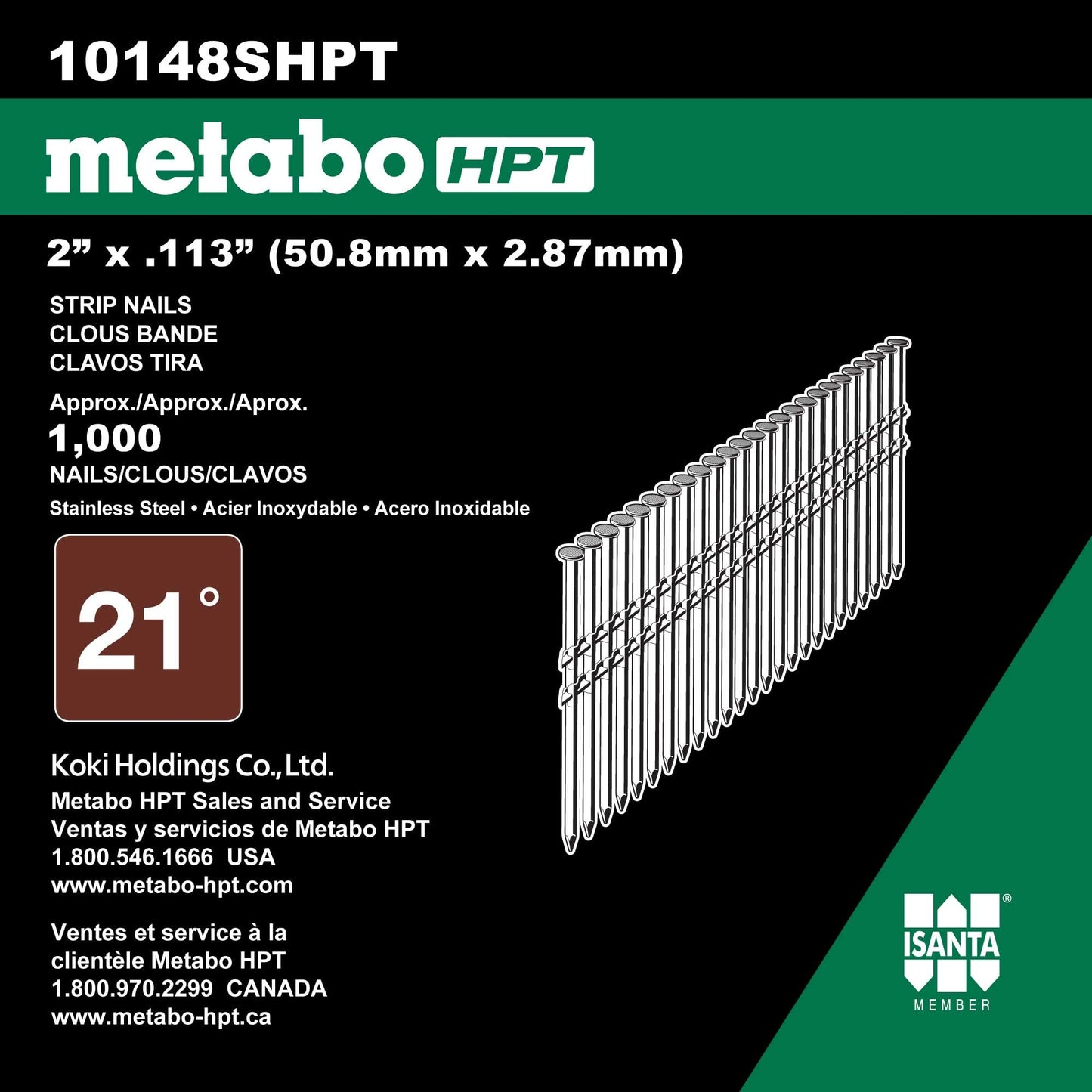 Metabo HPT Framing Nails, 2" x .113, Stainless Steel, RS, Ss, Rh, Full Round Head, Plastic Strip, 1000 Count (10148SHPT)