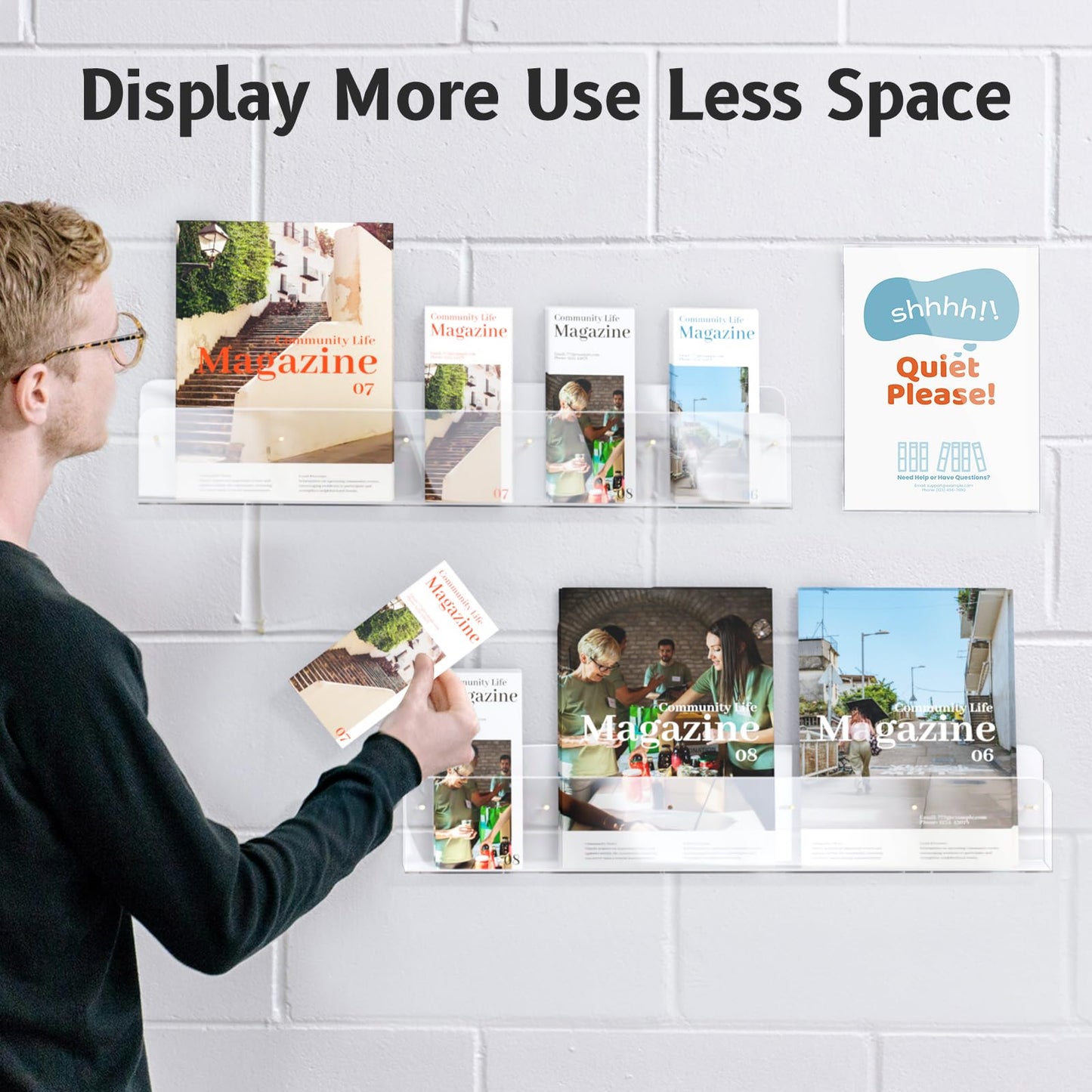 HIIMIEI Brochure Holder Wall Mount, 2-Pack Acrylic Modular Flyer, Pamphlet Display Stand with Magnetic Brass Bolts, Dual Installation Options, and Designed for Schools, Studios, and Community Spaces