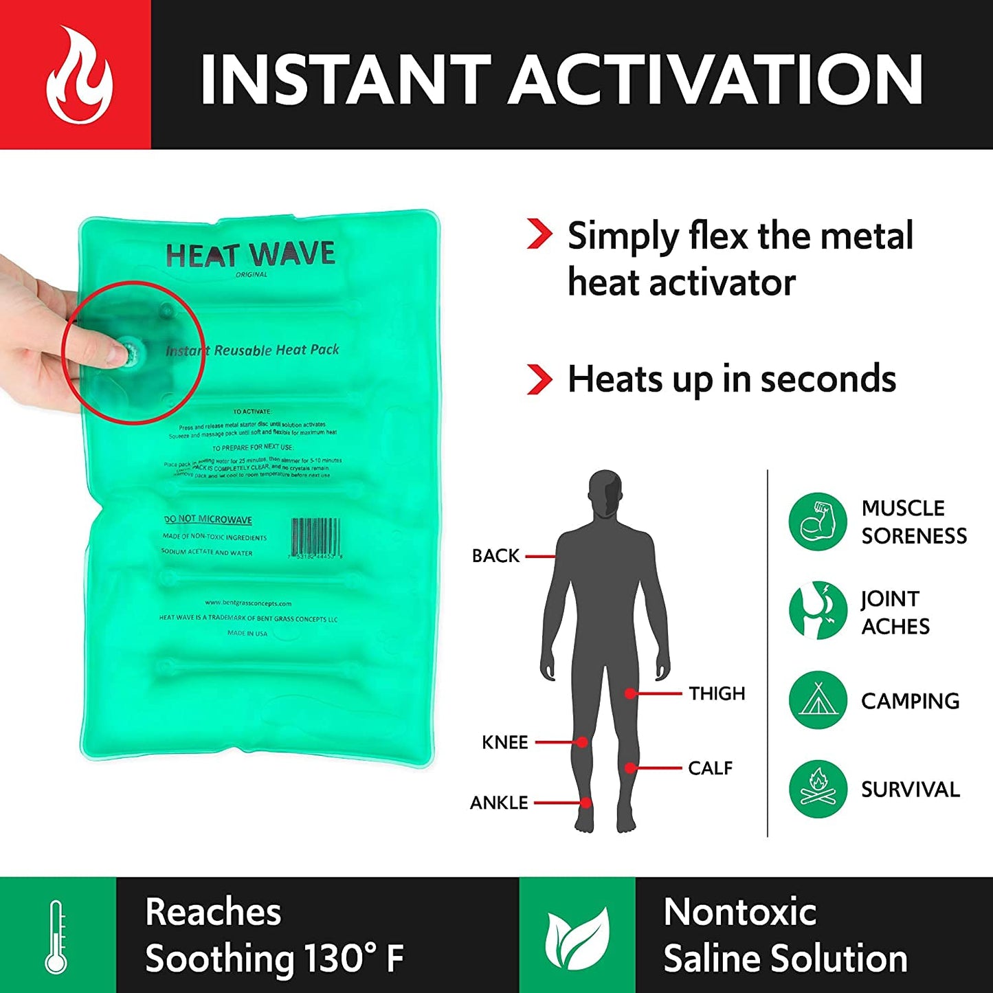 HEAT WAVE Instant Reusable Heat Pack- Medical Grade (8x12) Stiff & Sore Muscles,Pain Relief, Hiking and Camping Warmth Made in USA Large Clear 2-Pack