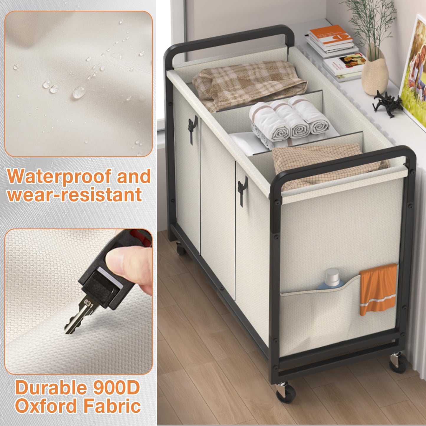 60 Gal (230L) Laundry Sorter 3 Section with Lid, Laundry Hamper Cart with Heavy Duty Rolling Lockable Wheels and Metal Handle,Laundry Basket Organizer with Removable Bag for Laundry Room - White