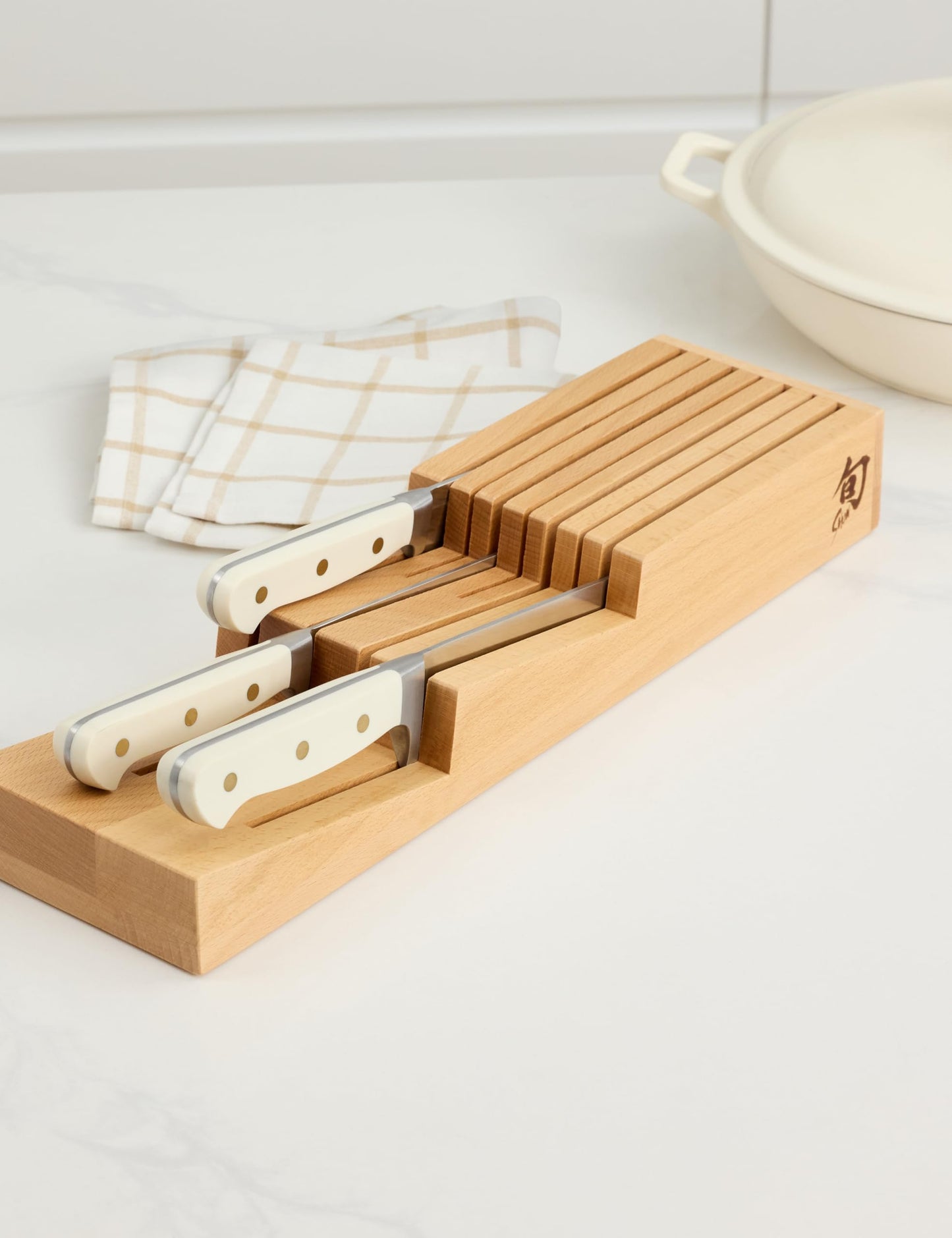 Shun Drawer Knife Tray, 7 Slot Wooden Knife Holder, Genuine Beechwood, Kitchen Storage for Professional and Home Chefs