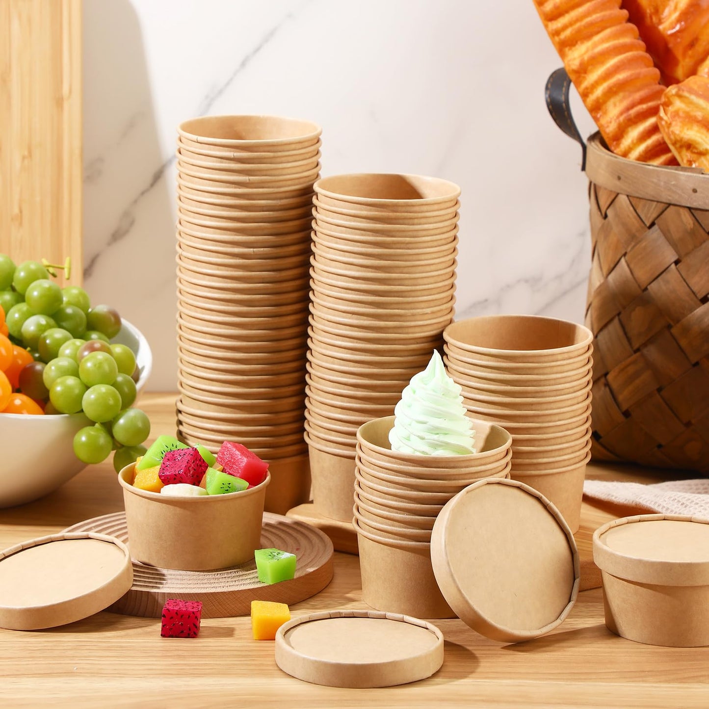 Fulmoon 100 Pack Paper Soup Containers with Lids Disposable Paper Food Containers with Vented Lids Kraft Ice Cream Bowls Soup Cup Ice Cream Cups for Restaurants(4 oz,Brown)