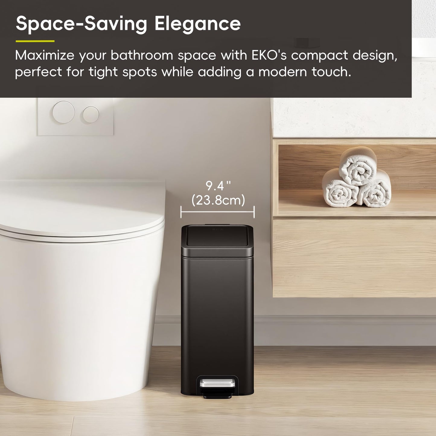 EKO Small Bathroom Trash Can with Lid Soft Close, Step Pedal, 10 Liter / 2.6 Gallon Stainless Steel Garbage Can with Removable Inner Bucket, Anti-Fingerprint Finish (Matte Black)