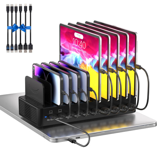 520W Charging Station for Multiple Devices, 10-Port USB C Fast Charger Station, Dual PD 100W Charging Dock with Adjustable Dividers & 6 Cables-Device Organizer for Laptop MacBook, iPhone, iPad