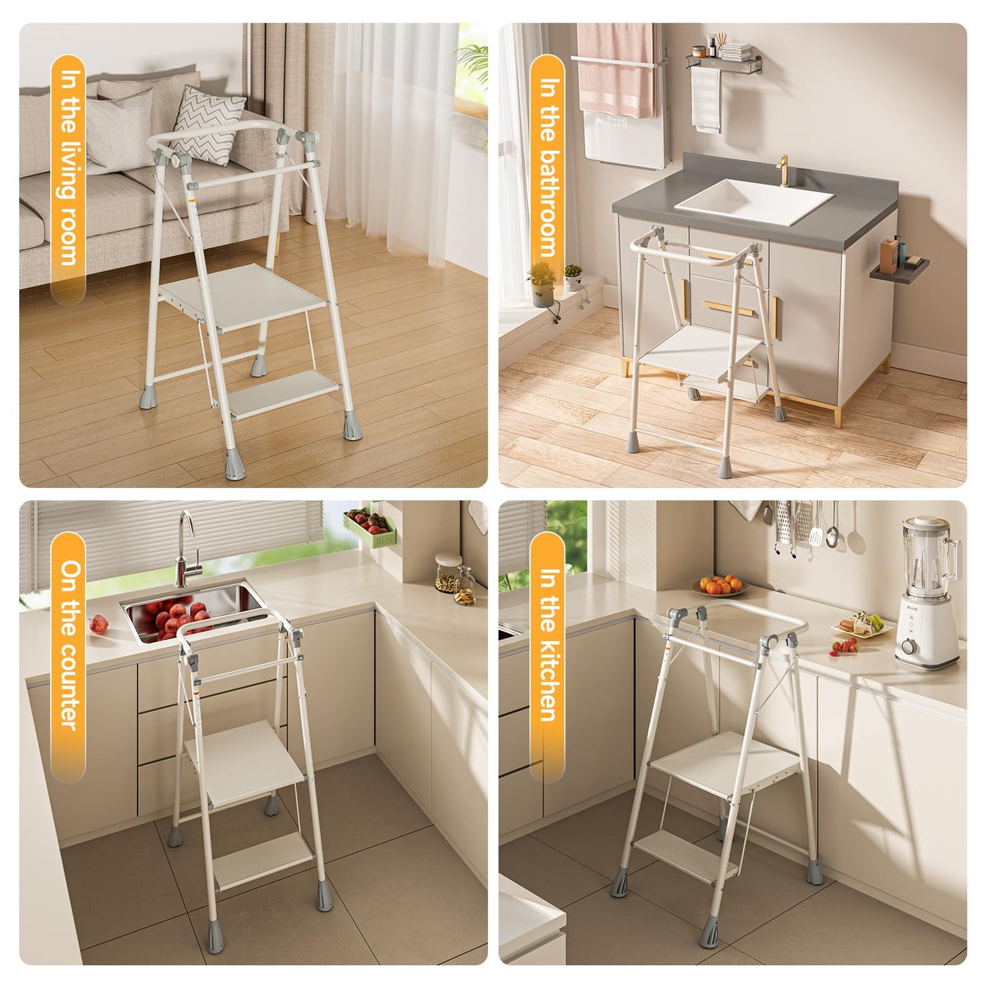 LEDLAY Aluminum Foldable Toddler Tower 2 Steps, Kids Step Stool for Kitchen, Toddler Kitchen Stool Helper with Anti-Drop Safty Railing, Multi-Functional Learning Tower with Anti-Slip Design, Gray