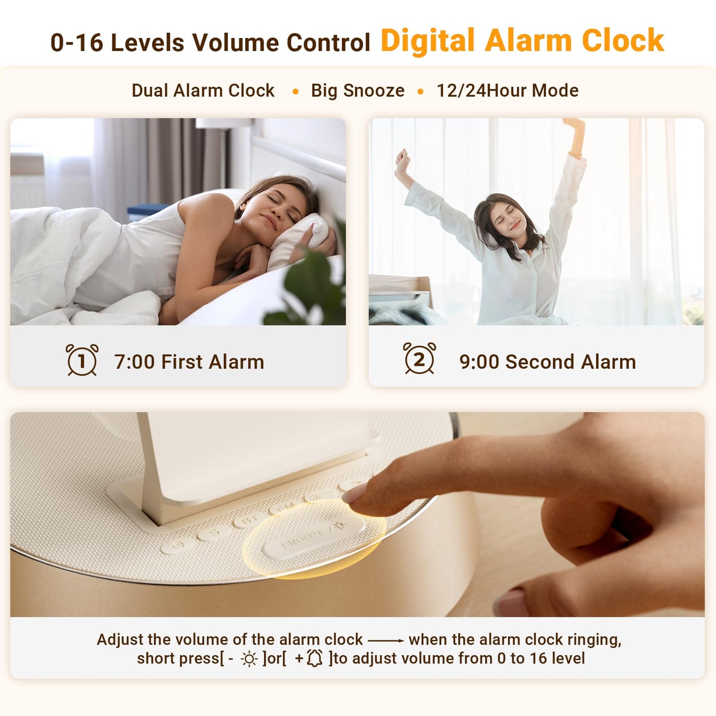 7 in 1 Wireless Charging Station, Alarm Clock for Bedroom with Dimmable Night Light Bluetooth Speaker, Dock Station for iPhone 16 15 14 13 12 11 Pro Max, Apple Watch