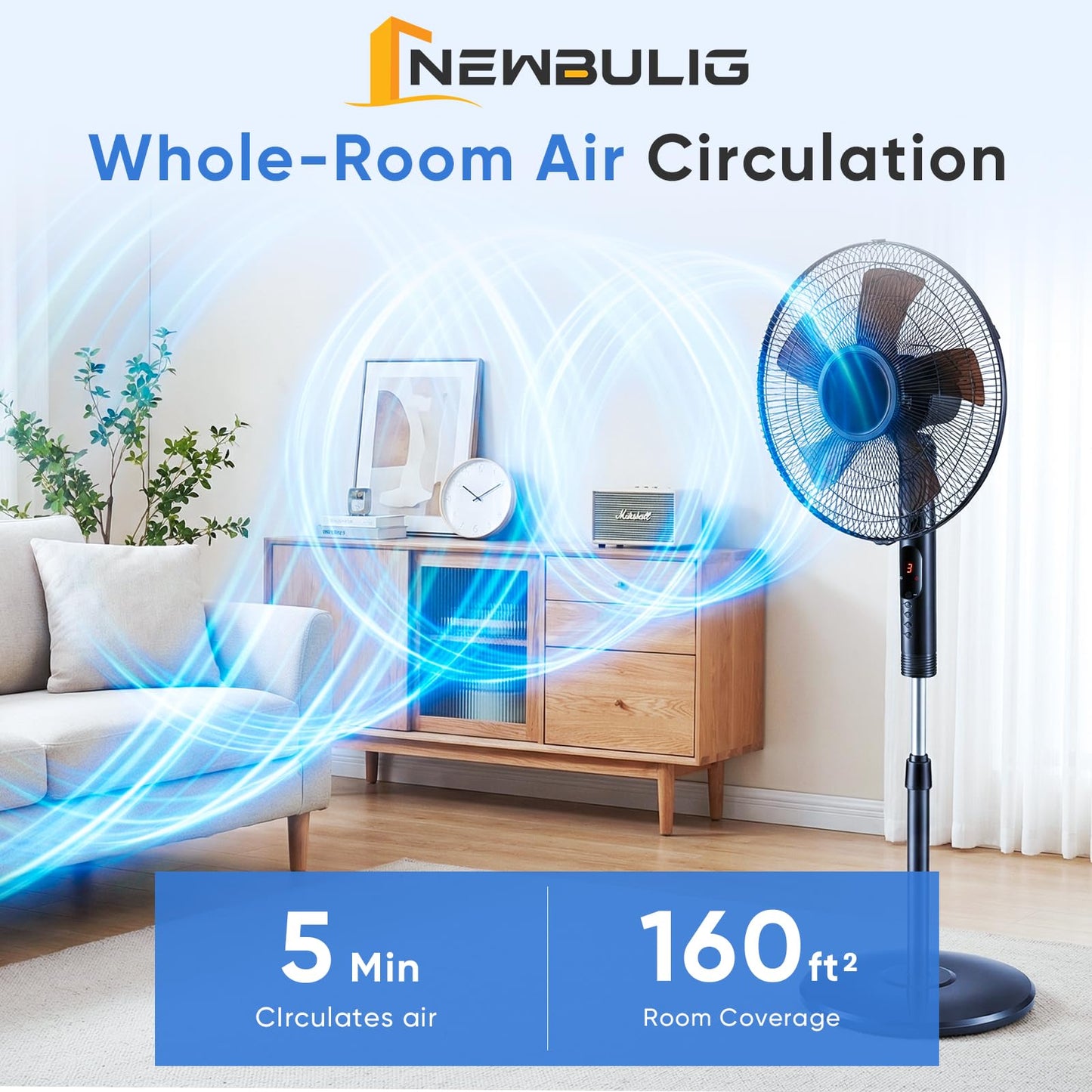NEWBULIG 17" Pedestal Fans with Remote, Oscillating Standing Fan with 3 Speed & 3 Model, Quiet Timer Stand Up Fan for Indoor, Bedroom, Living Room, Adjustable Height & Tilt Head, Easy Assembly