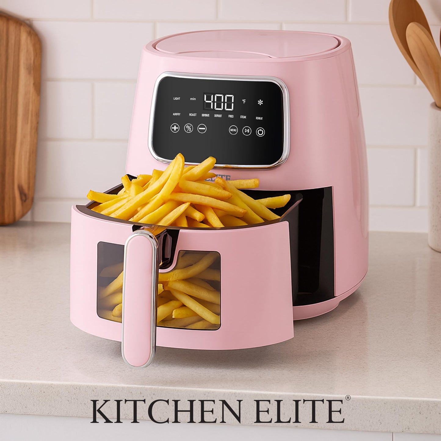 Kitchen Elite 5.5 Qt. Digital Air Fryer, Countertop Cooker with LED Screen, Presets for Air Fry, Roast, Dehydrate, Defrost and Reheat, Pink